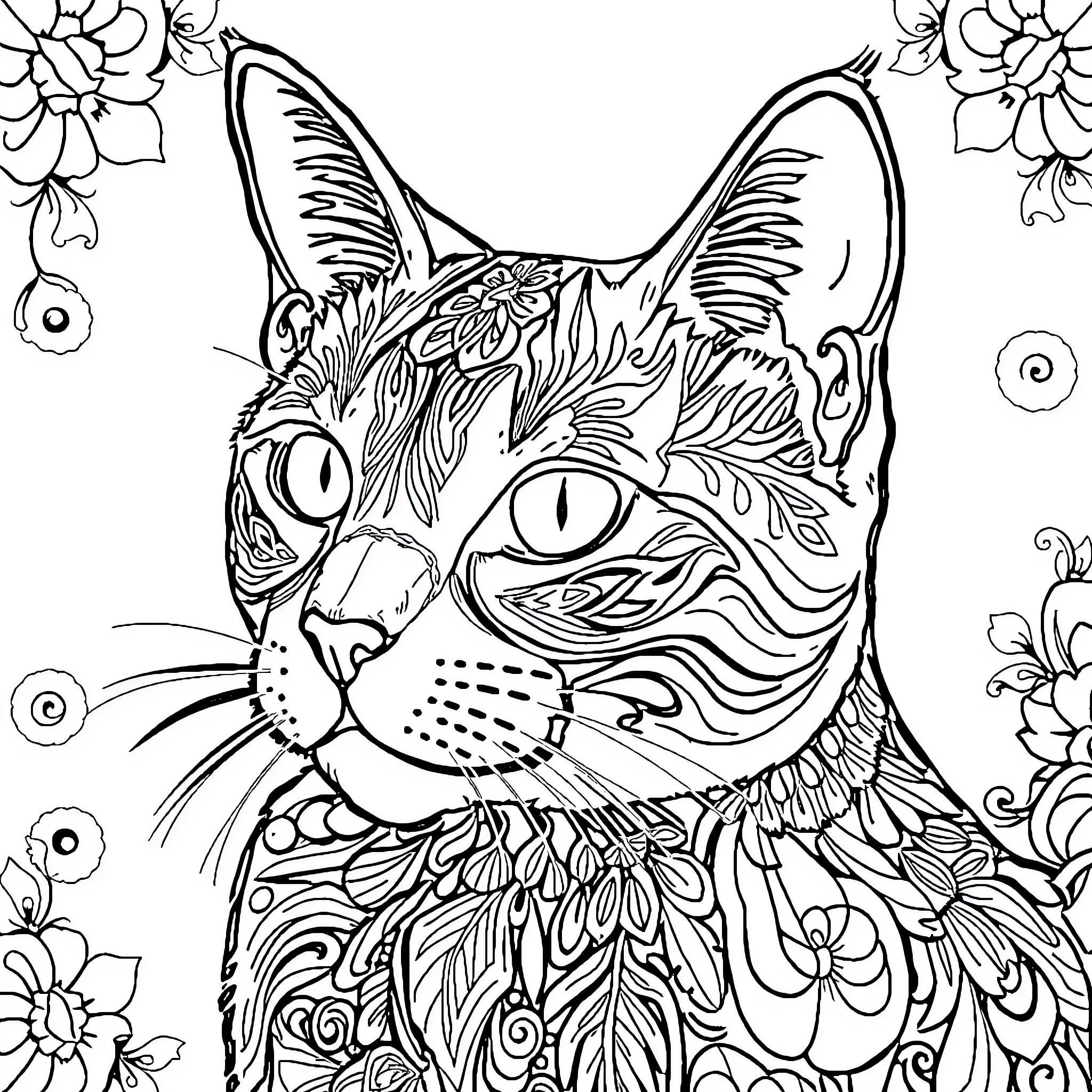 Cat with intricate floral pattern Coloring Page (free black-and-white line drawing printable PDF for all, from beginners to advanced learners, including children, teens, adults, and seniors)