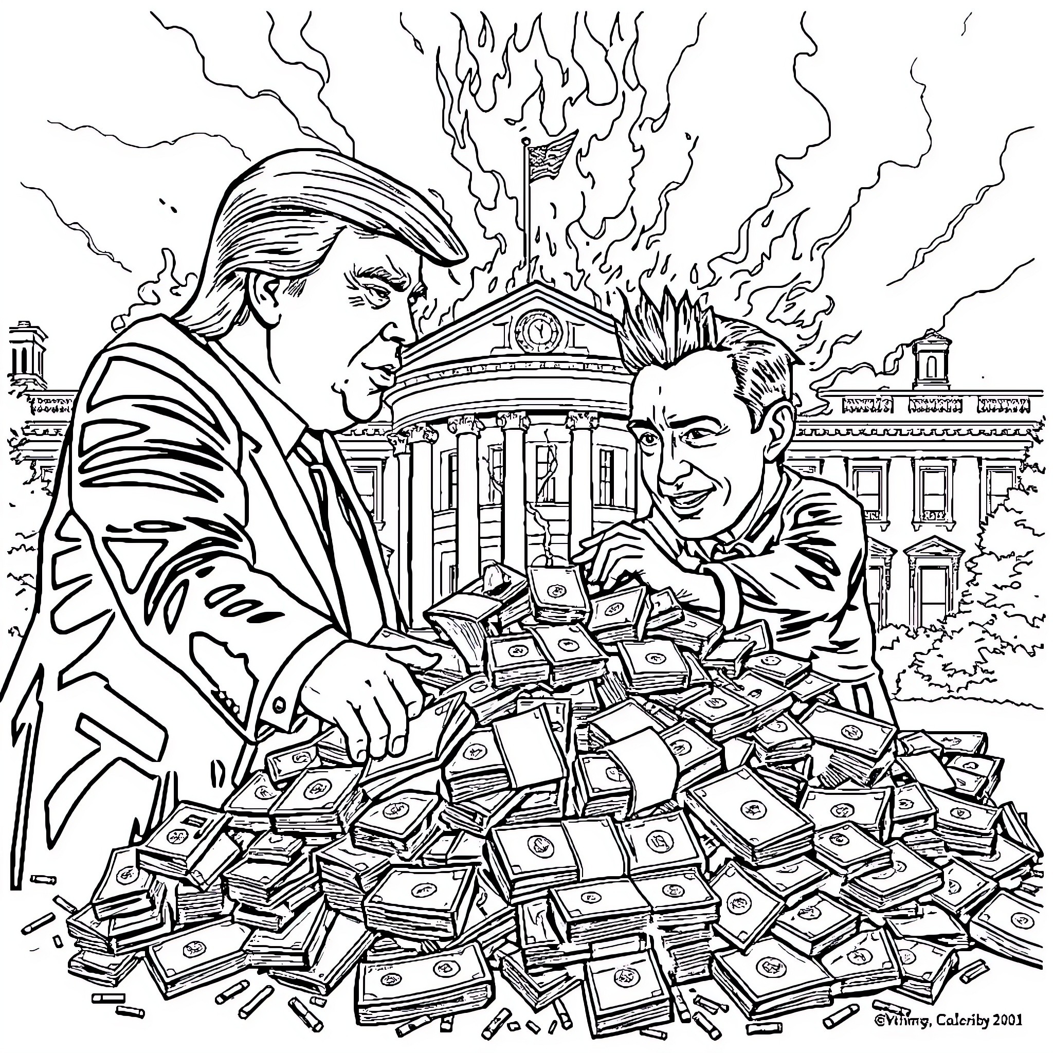 Donald Trump and Supporter Amid Chaotic Scenery Coloring Page (free black-and-white line drawing printable PDF for all, from beginners to advanced learners, including children, teens, adults, and seniors)