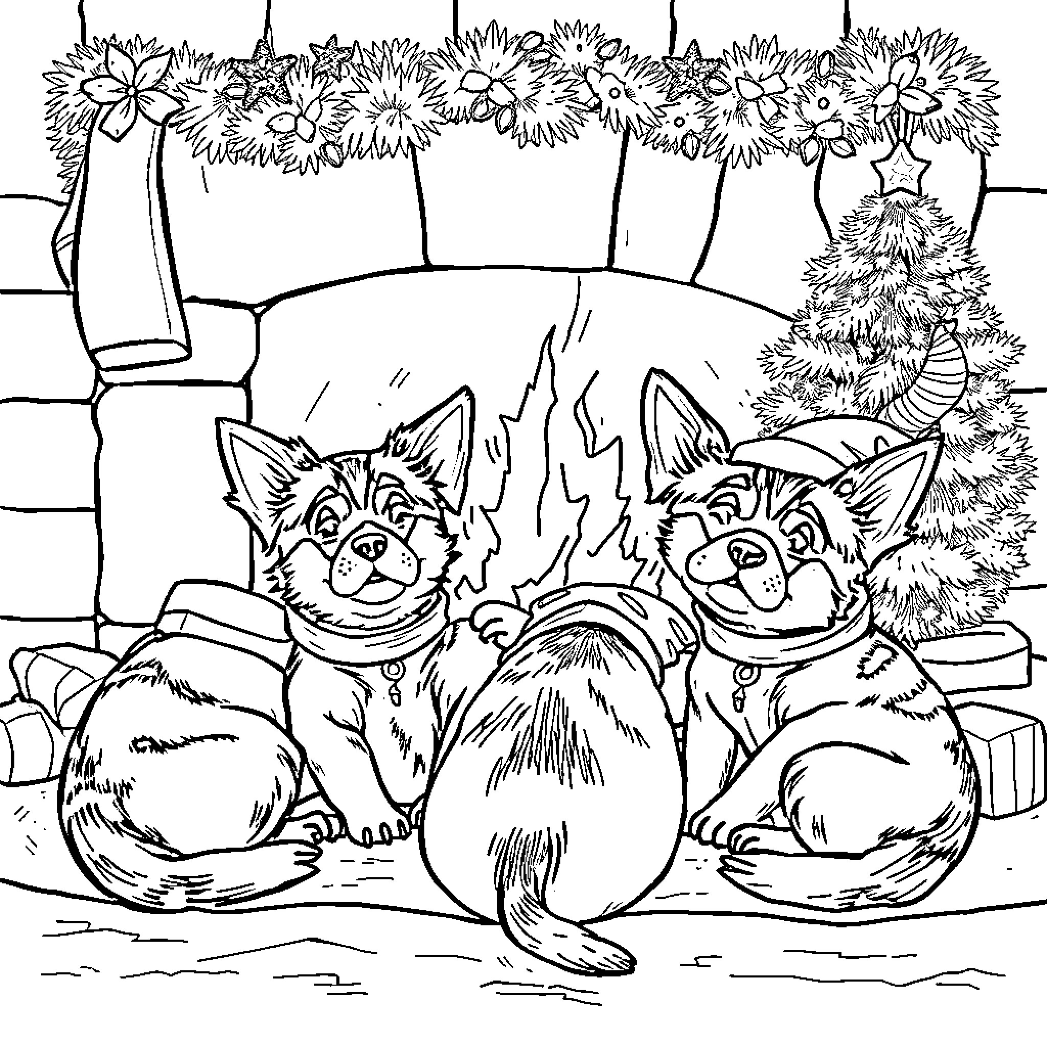 Pat Patrouille: Cute puppies playing in the garden Coloring Page (free black-and-white line drawing printable PDF for all, from beginners to advanced learners, including children, teens, adults, and seniors)