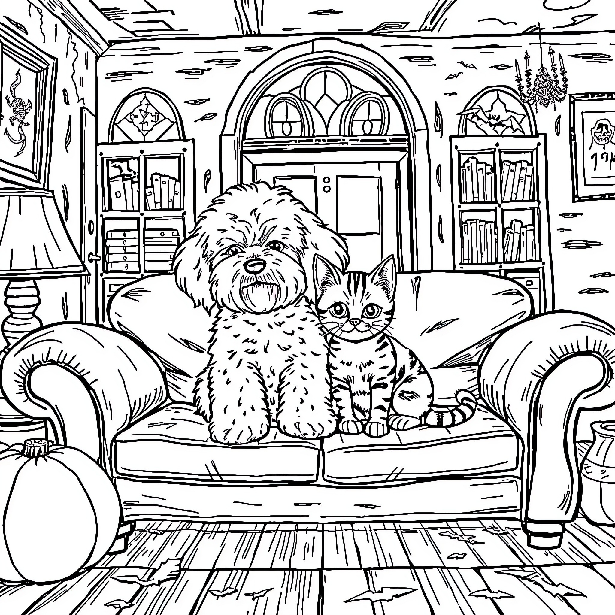 Bichon Frise and Kitten Relaxing on Couch Coloring Page (free black-and-white line drawing printable PDF for all, from beginners to advanced learners, including children, teens, adults, and seniors)