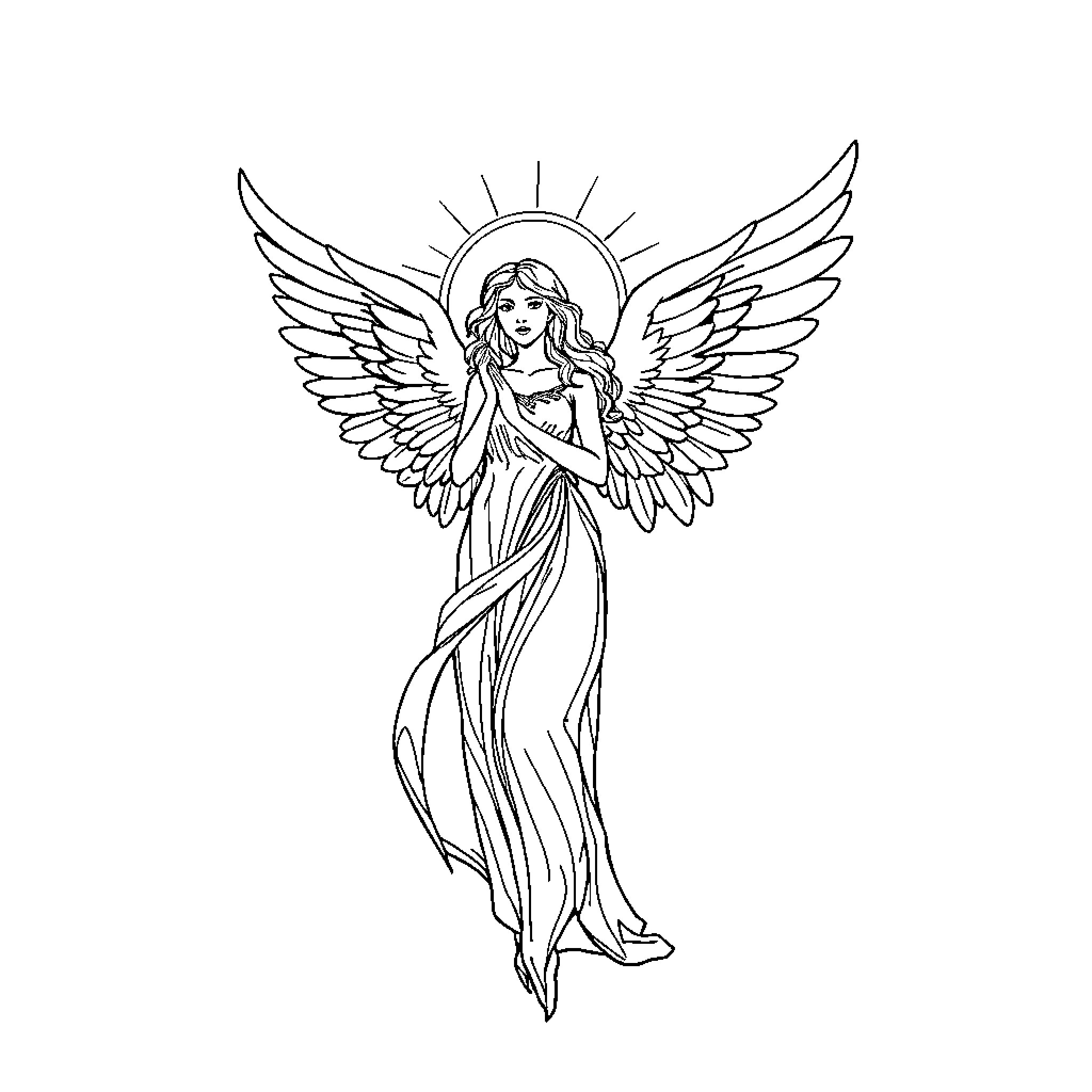 Angel with Flowing Gown and Outstretched Wings Coloring Page (free black-and-white line drawing printable PDF for all, from beginners to advanced learners, including children, teens, adults, and seniors)