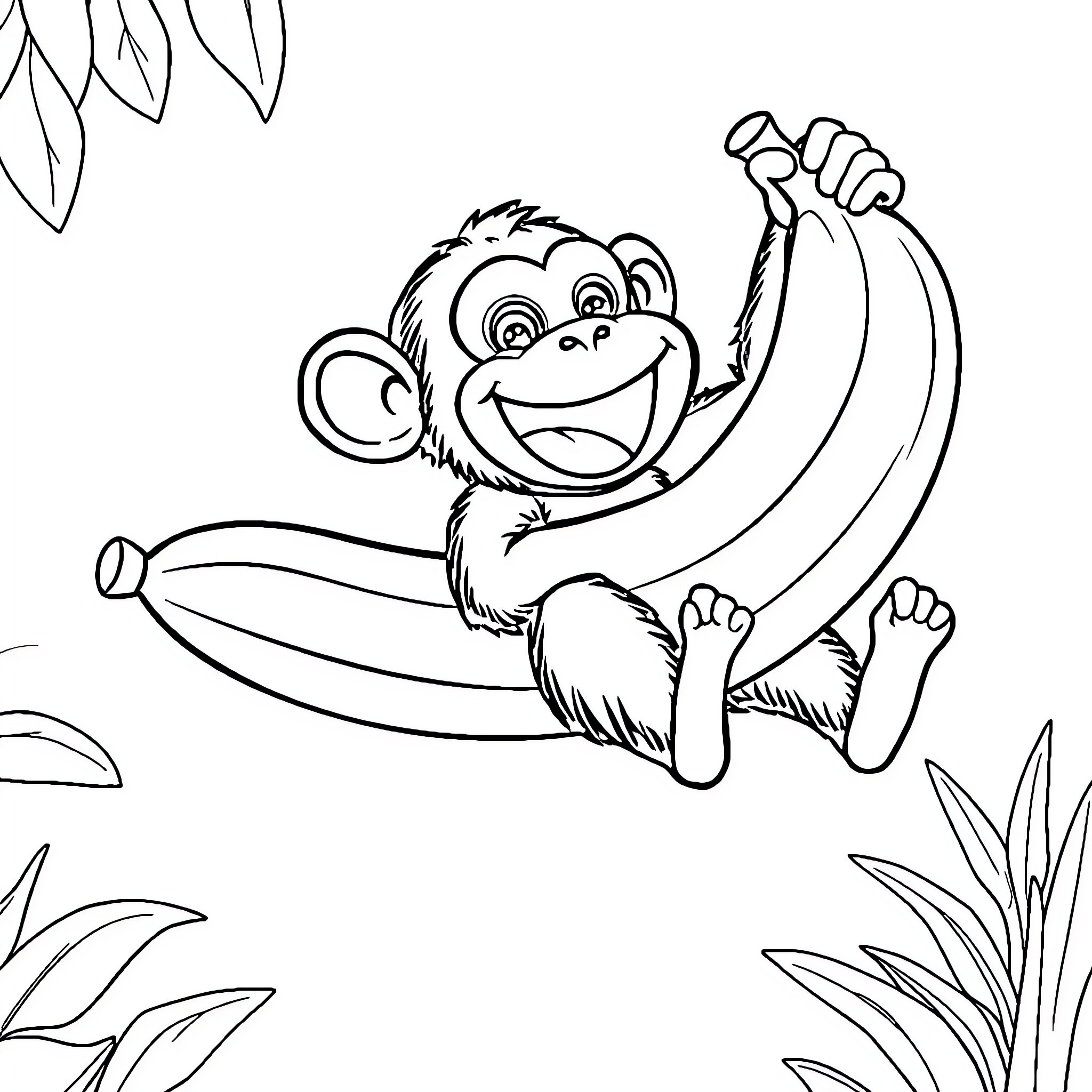 Chimpanzee playing joyfully with bananas Coloring Page (free black-and-white line drawing printable PDF for all, from beginners to advanced learners, including children, teens, adults, and seniors)