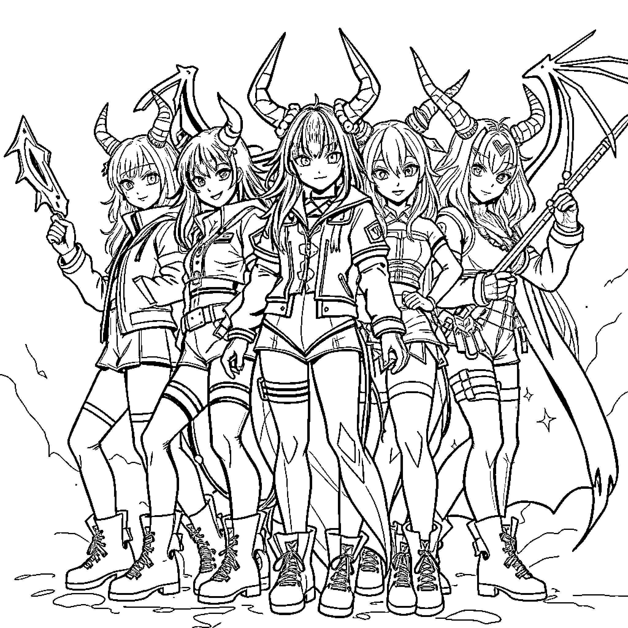 Hunter Clan Unites in Battle Formation Coloring Page (free black-and-white line drawing printable PDF for all, from beginners to advanced learners, including children, teens, adults, and seniors)