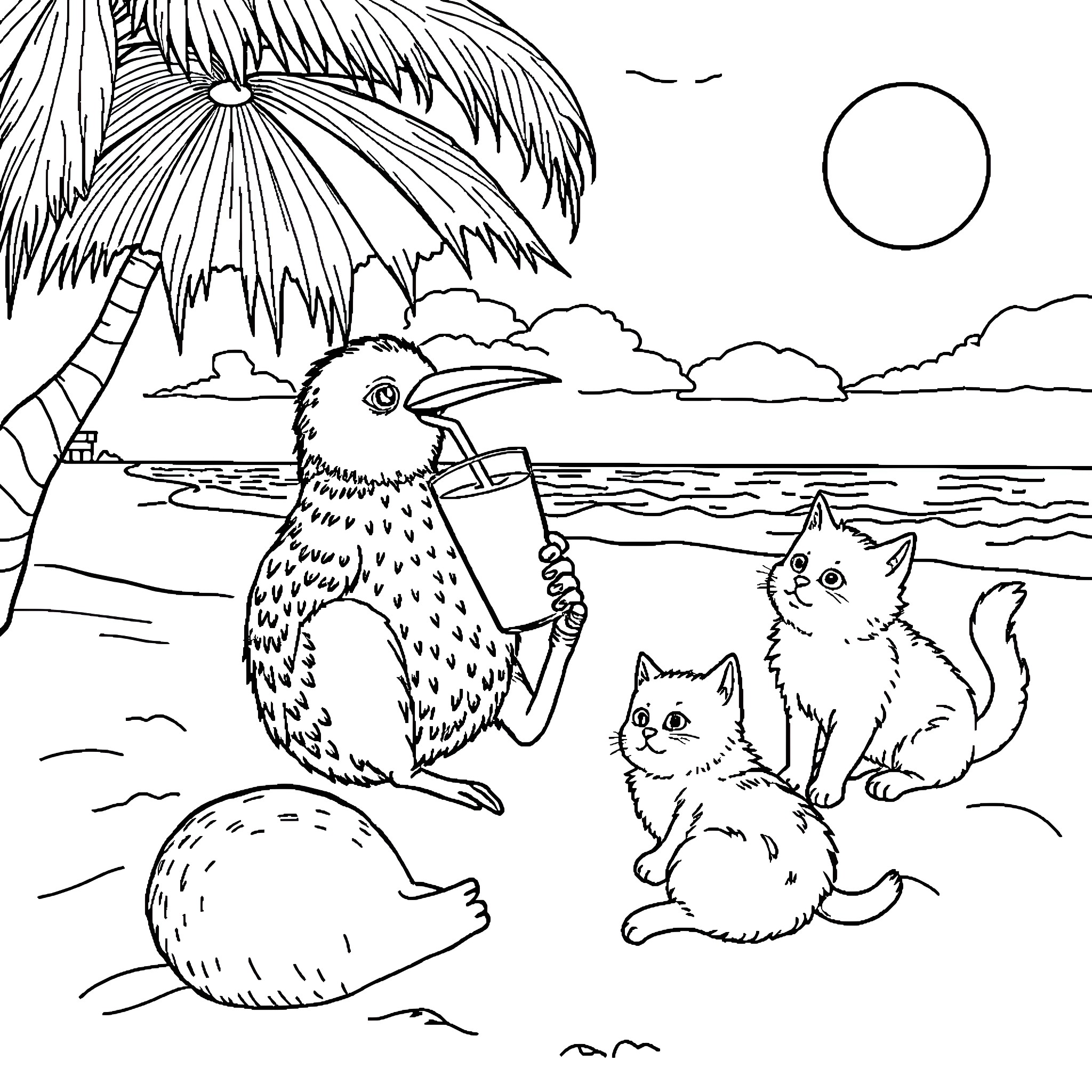 Kiwi bird and kittens on tropical beach Coloring Page (free black-and-white line drawing printable PDF for all, from beginners to advanced learners, including children, teens, adults, and seniors)