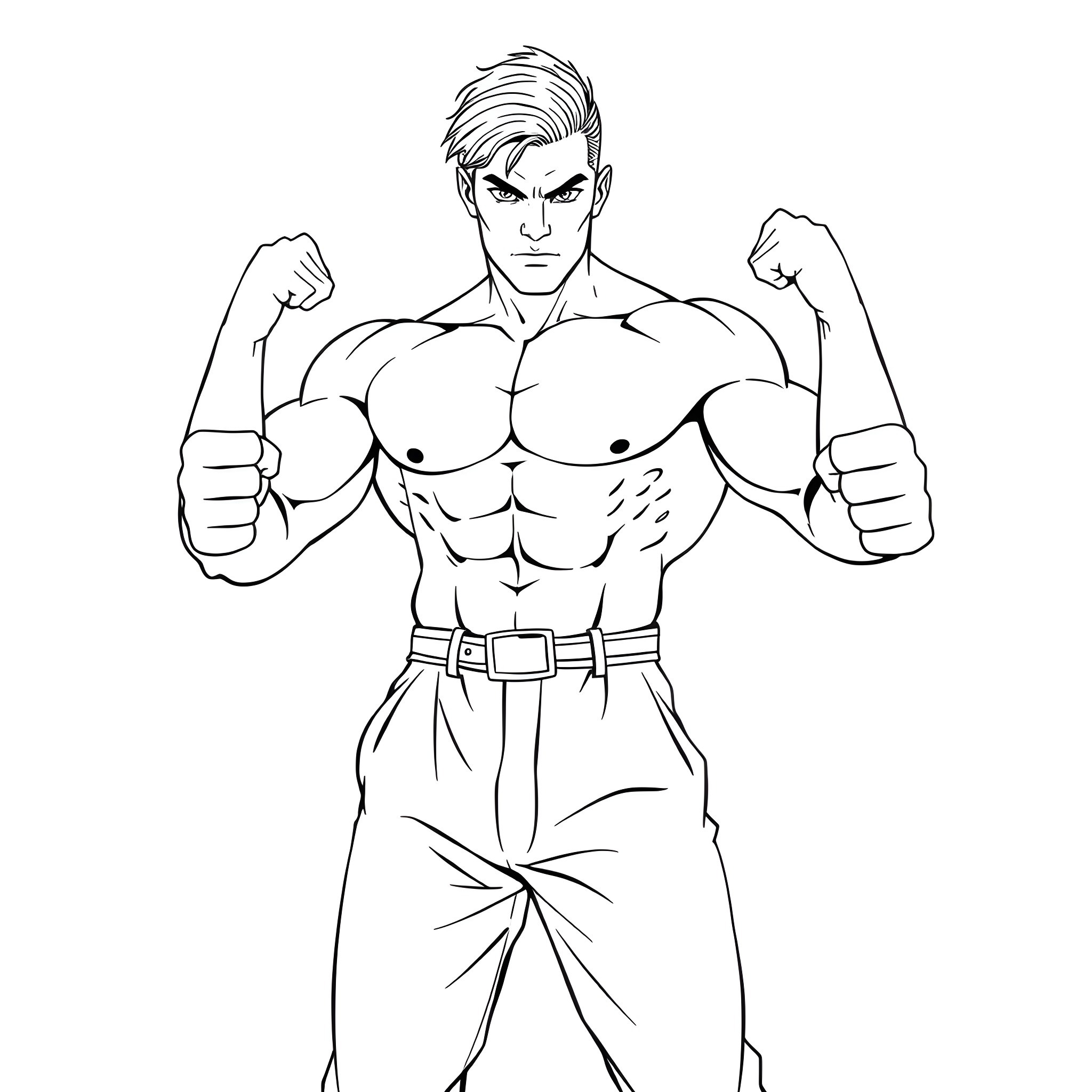 Man showing muscular physique and strong posture Coloring Page (free black-and-white line drawing printable PDF for all, from beginners to advanced learners, including children, teens, adults, and seniors)