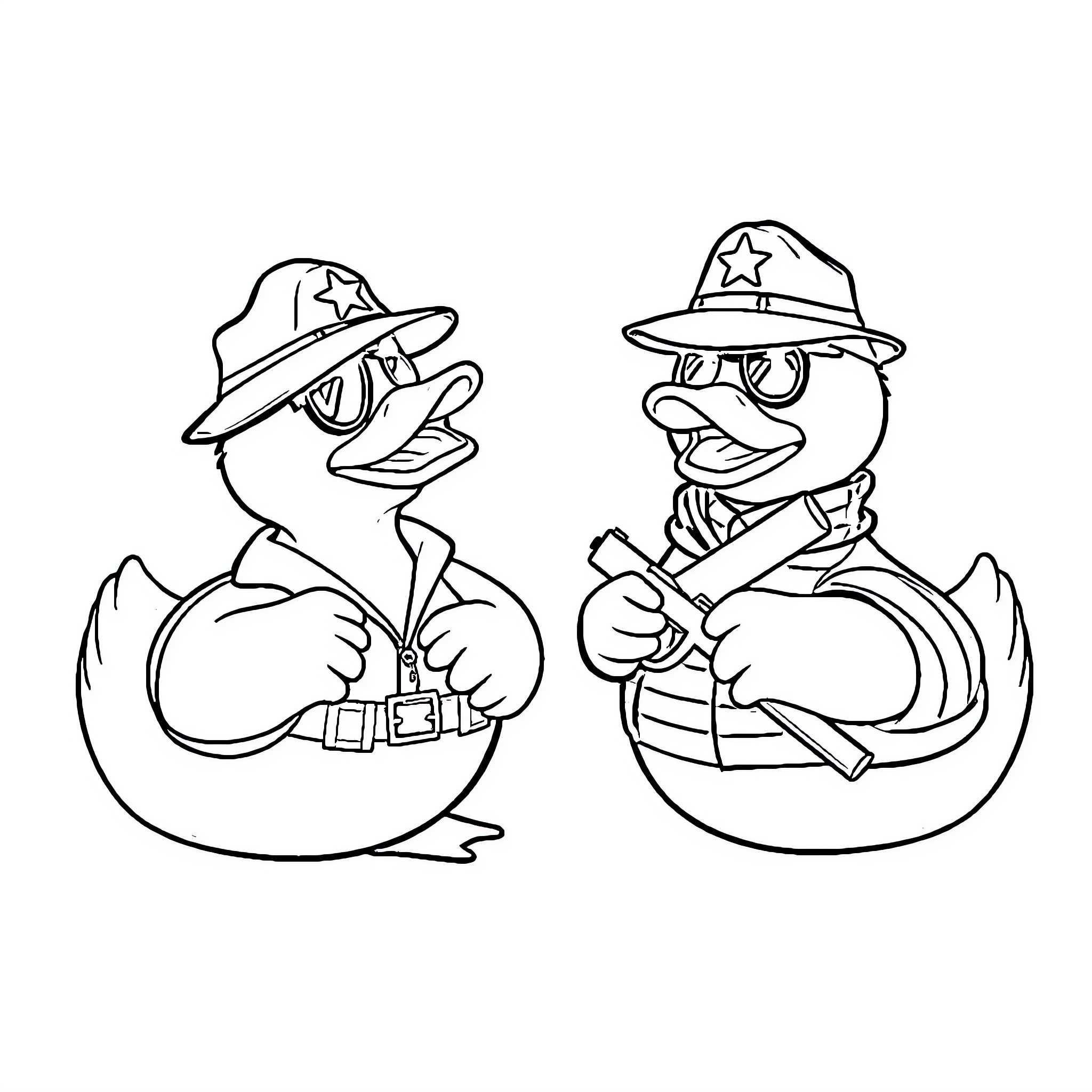 Rubber Duck Sheriff and Rubber Duck Deputy Coloring Page (free black-and-white line drawing printable PDF for all, from beginners to advanced learners, including children, teens, adults, and seniors)