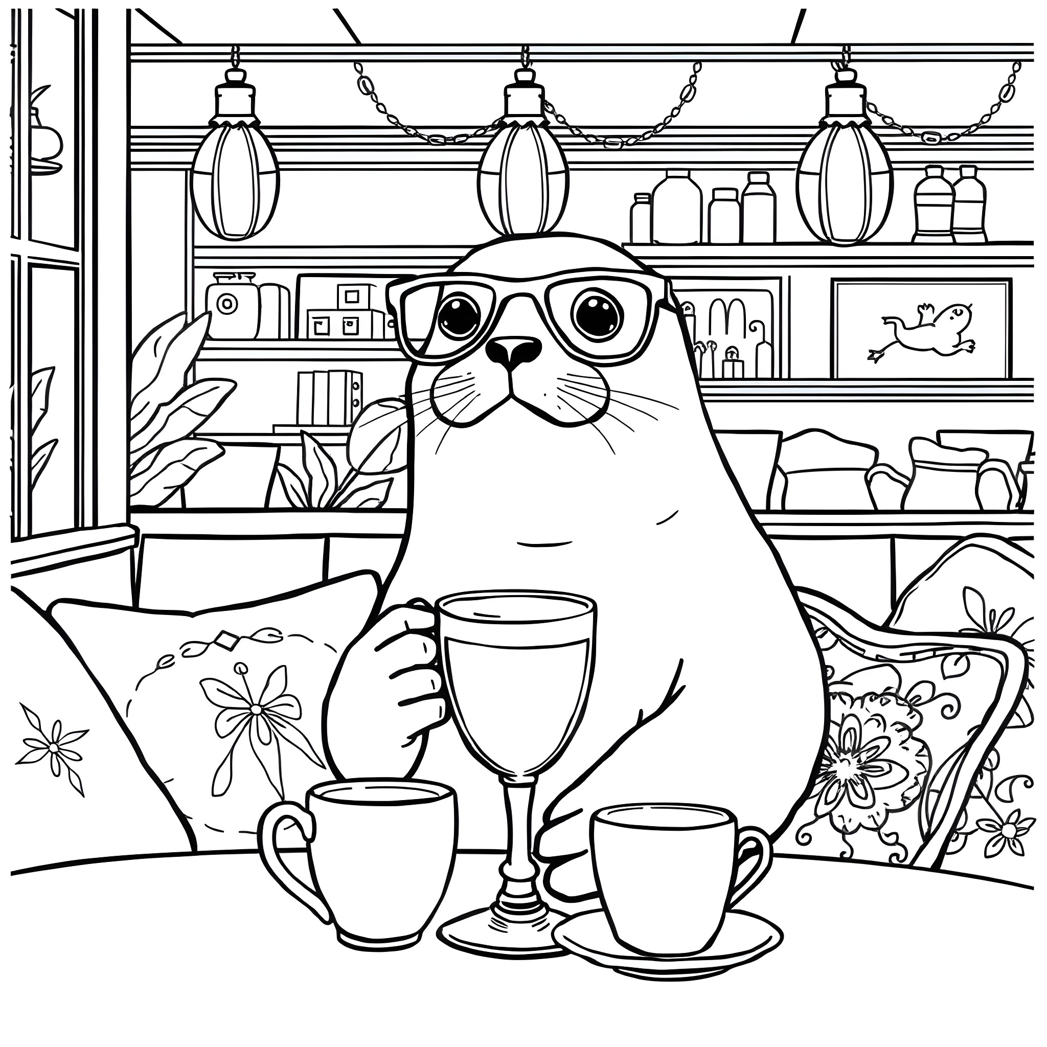 Seal relaxing in a cozy home setting Coloring Page (free black-and-white line drawing printable PDF for all, from beginners to advanced learners, including children, teens, adults, and seniors)