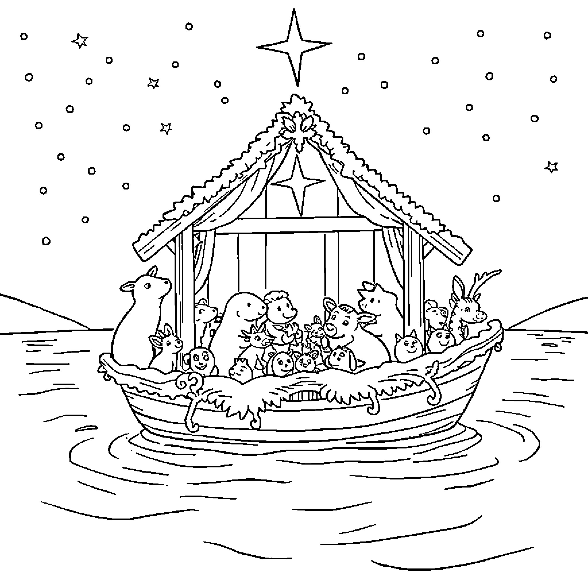 Noah's Ark with Animals Aboard on the Waters Coloring Page (free black-and-white line drawing printable PDF for all, from beginners to advanced learners, including children, teens, adults, and seniors)