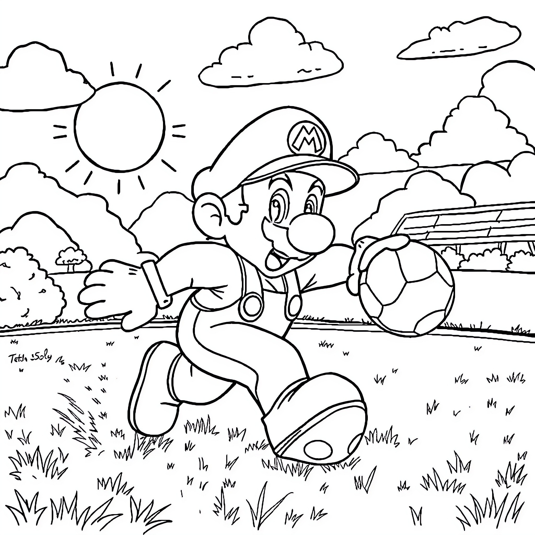Mario exploring the outdoors landscape Coloring Page (free black-and-white line drawing printable PDF for all, from beginners to advanced learners, including children, teens, adults, and seniors)