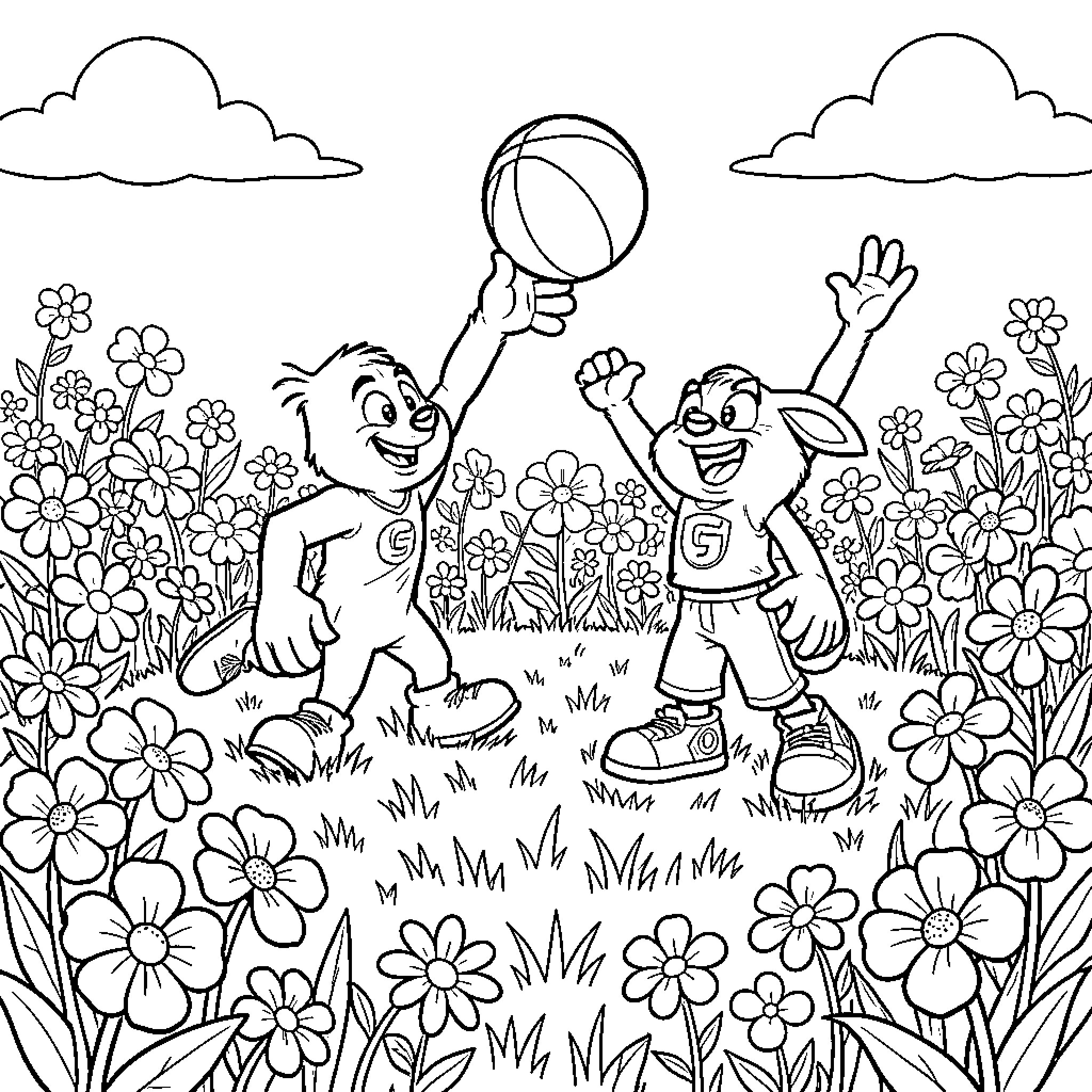 Space Jam: Friends Playing Basketball in a Flower Field Coloring Page (free black-and-white line drawing printable PDF for all, from beginners to advanced learners, including children, teens, adults, and seniors)