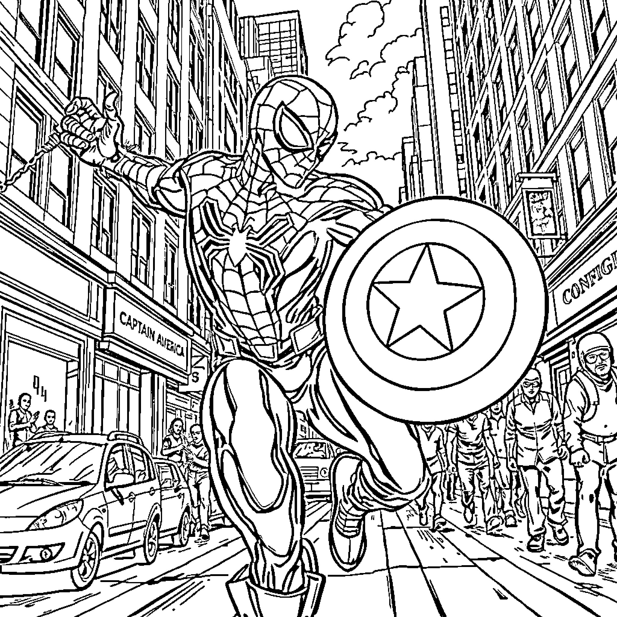 Spider-Man battles supervillains in the city streets Coloring Page (free black-and-white line drawing printable PDF for all, from beginners to advanced learners, including children, teens, adults, and seniors)