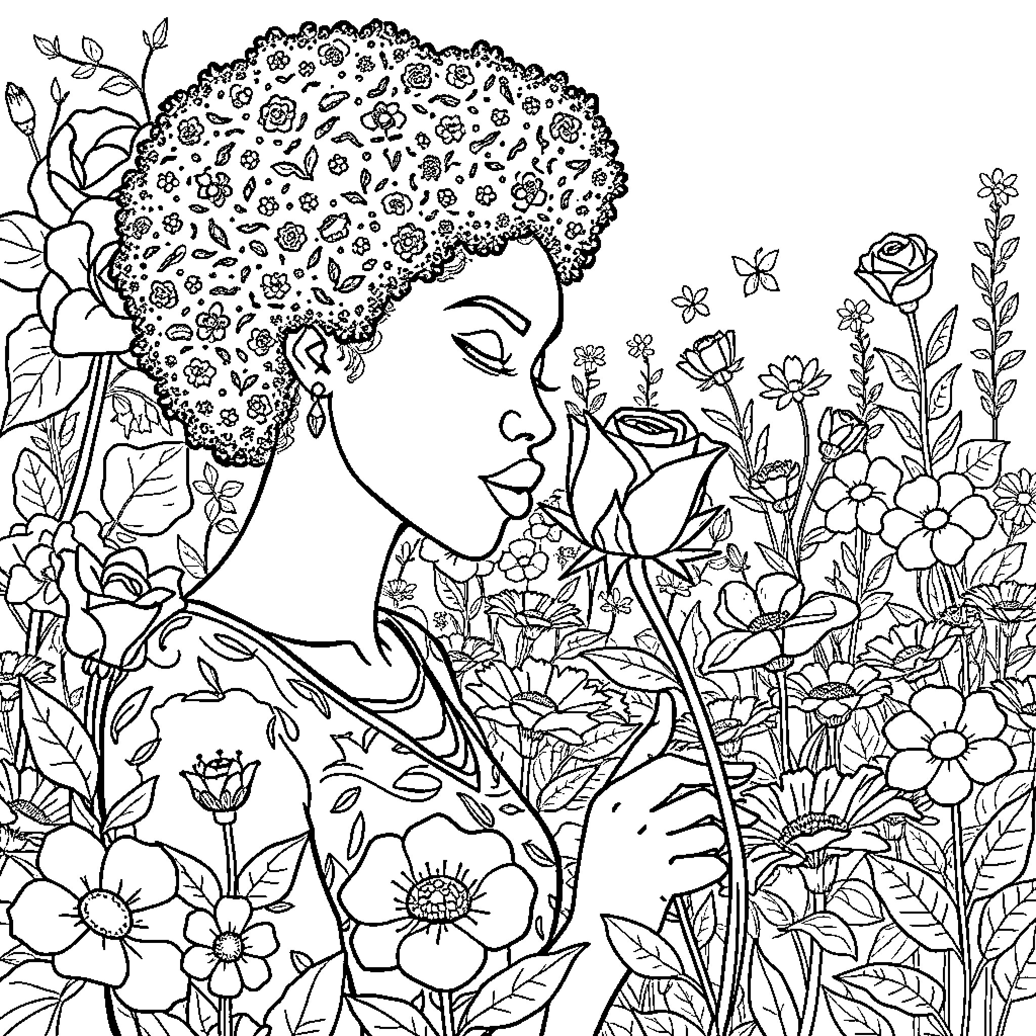 Woman surrounded by vibrant floral illustration Coloring Page (free black-and-white line drawing printable PDF for all, from beginners to advanced learners, including children, teens, adults, and seniors)