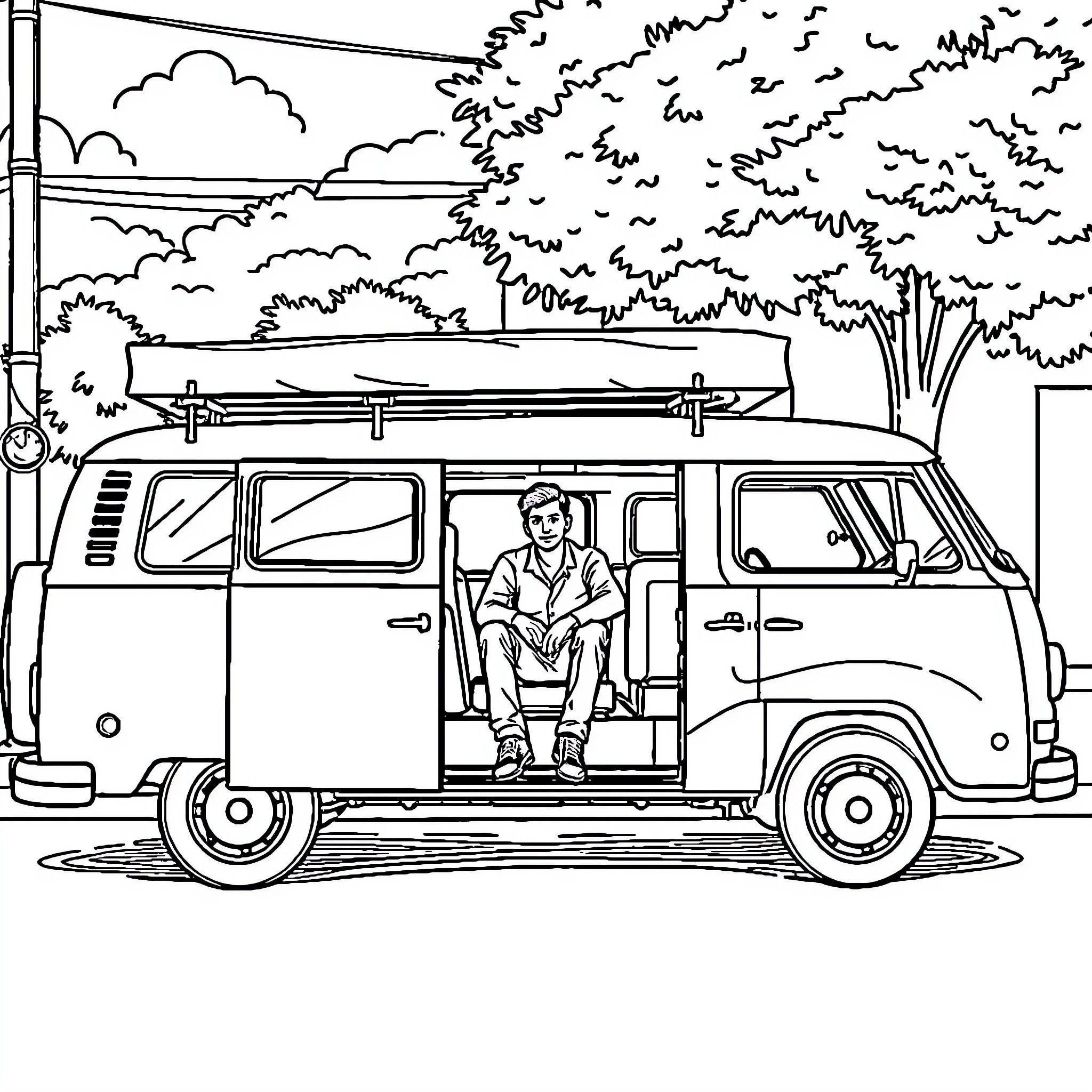 Man sitting in a camper van outdoors Coloring Page (free black-and-white line drawing printable PDF for all, from beginners to advanced learners, including children, teens, adults, and seniors)