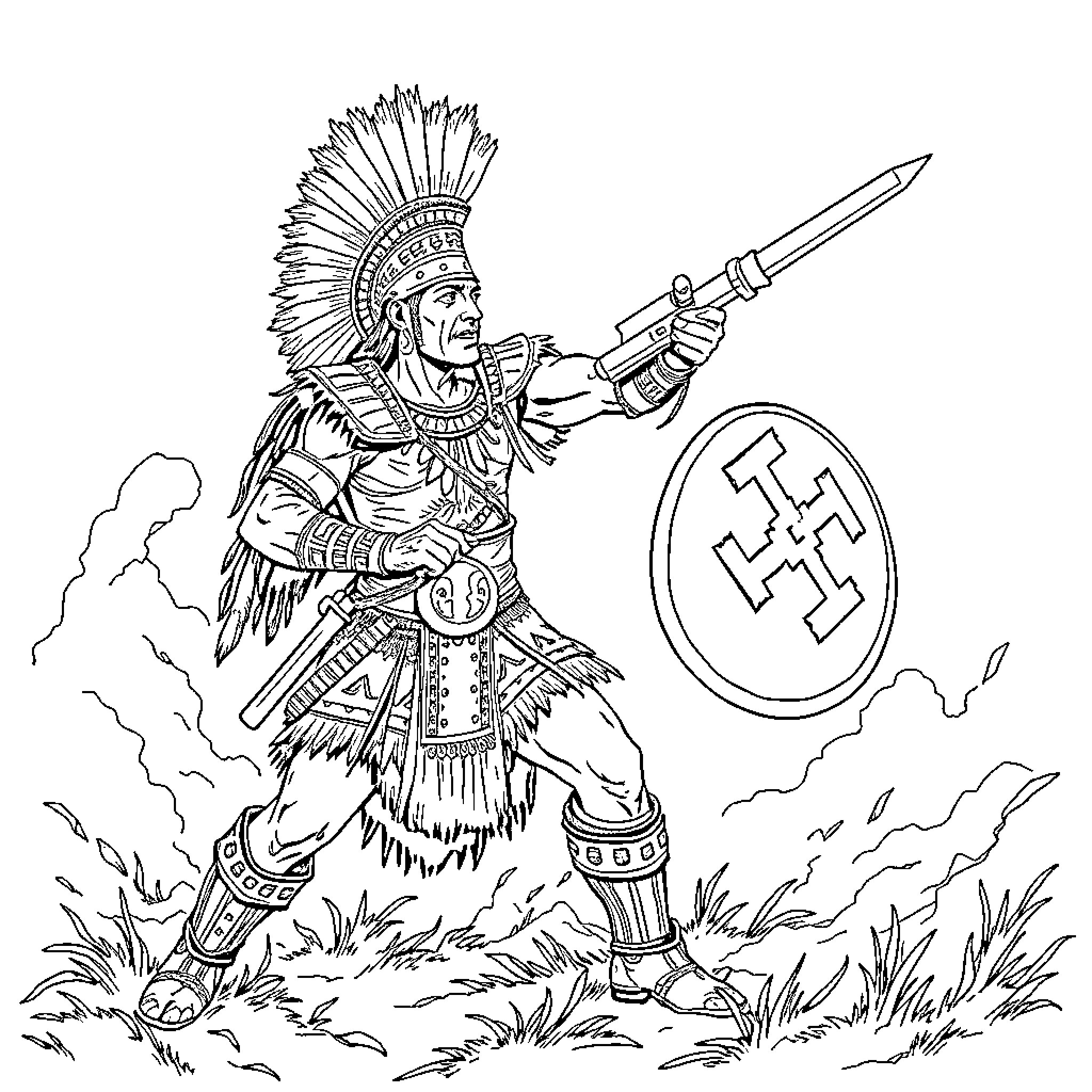 Aztec Warrior Wielding Spear in Battle Coloring Page (free black-and-white line drawing printable PDF for all, from beginners to advanced learners, including children, teens, adults, and seniors)