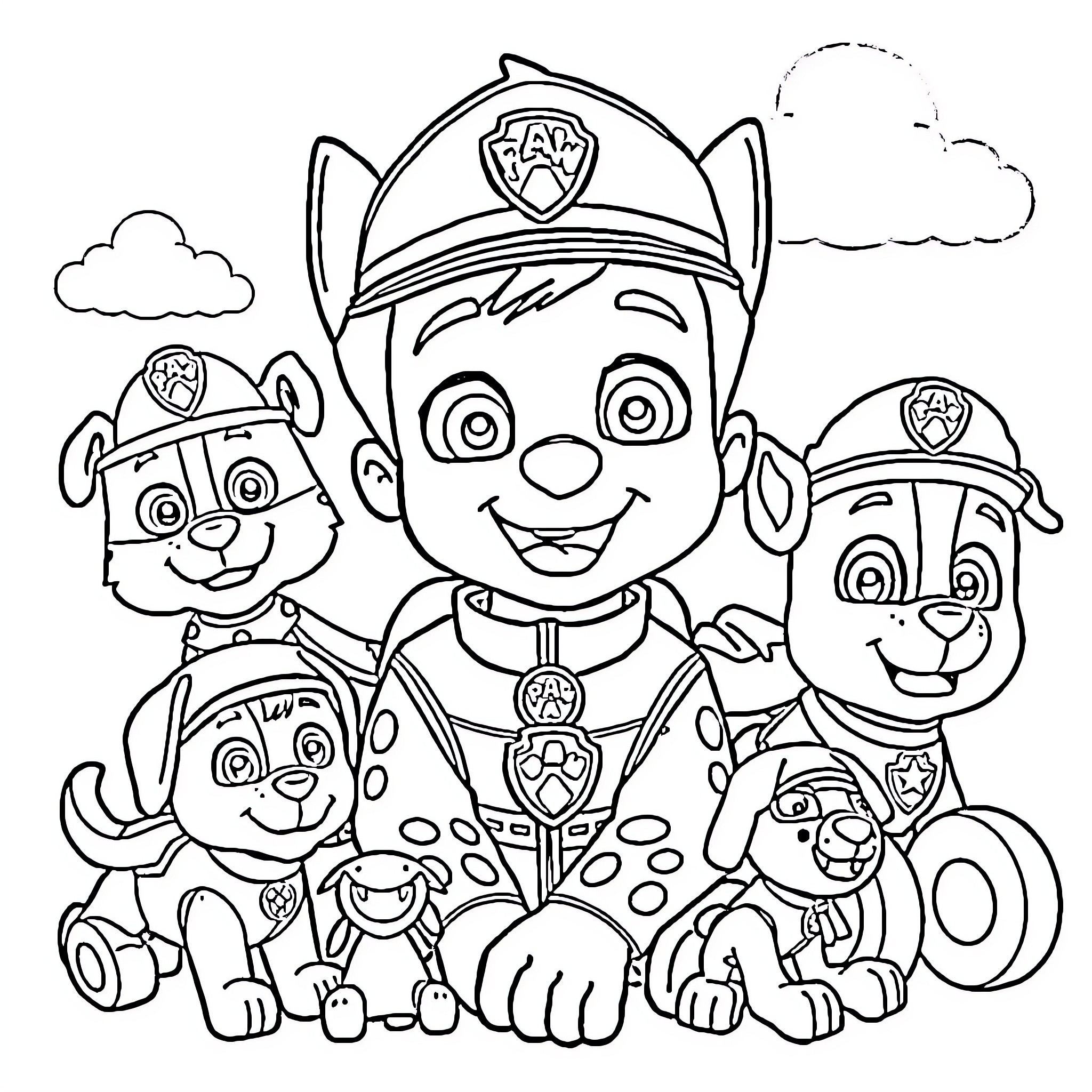 Paw Patrol group ready for adventure Coloring Page (free black-and-white line drawing printable PDF for all, from beginners to advanced learners, including children, teens, adults, and seniors)