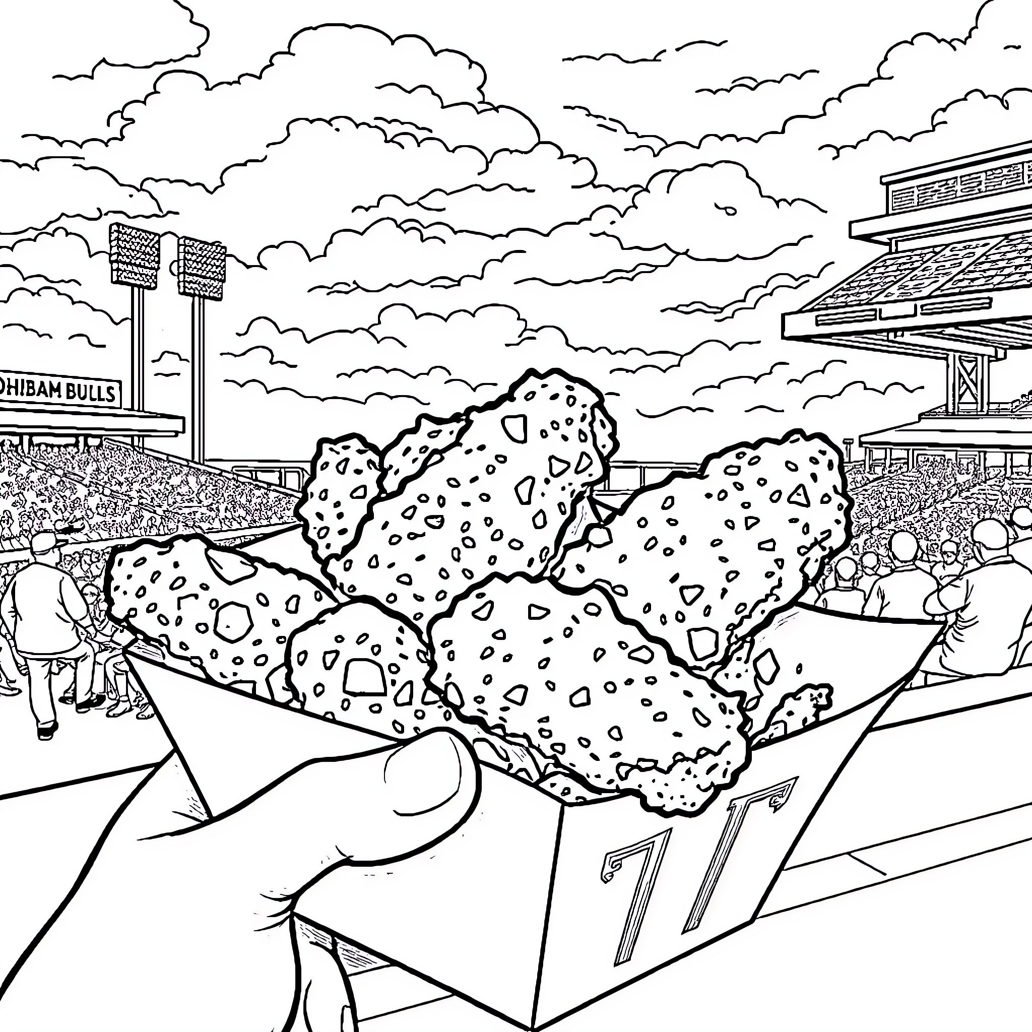 Chicken-shaped treats sold at sports event Coloring Page (free black-and-white line drawing printable PDF for all, from beginners to advanced learners, including children, teens, adults, and seniors)