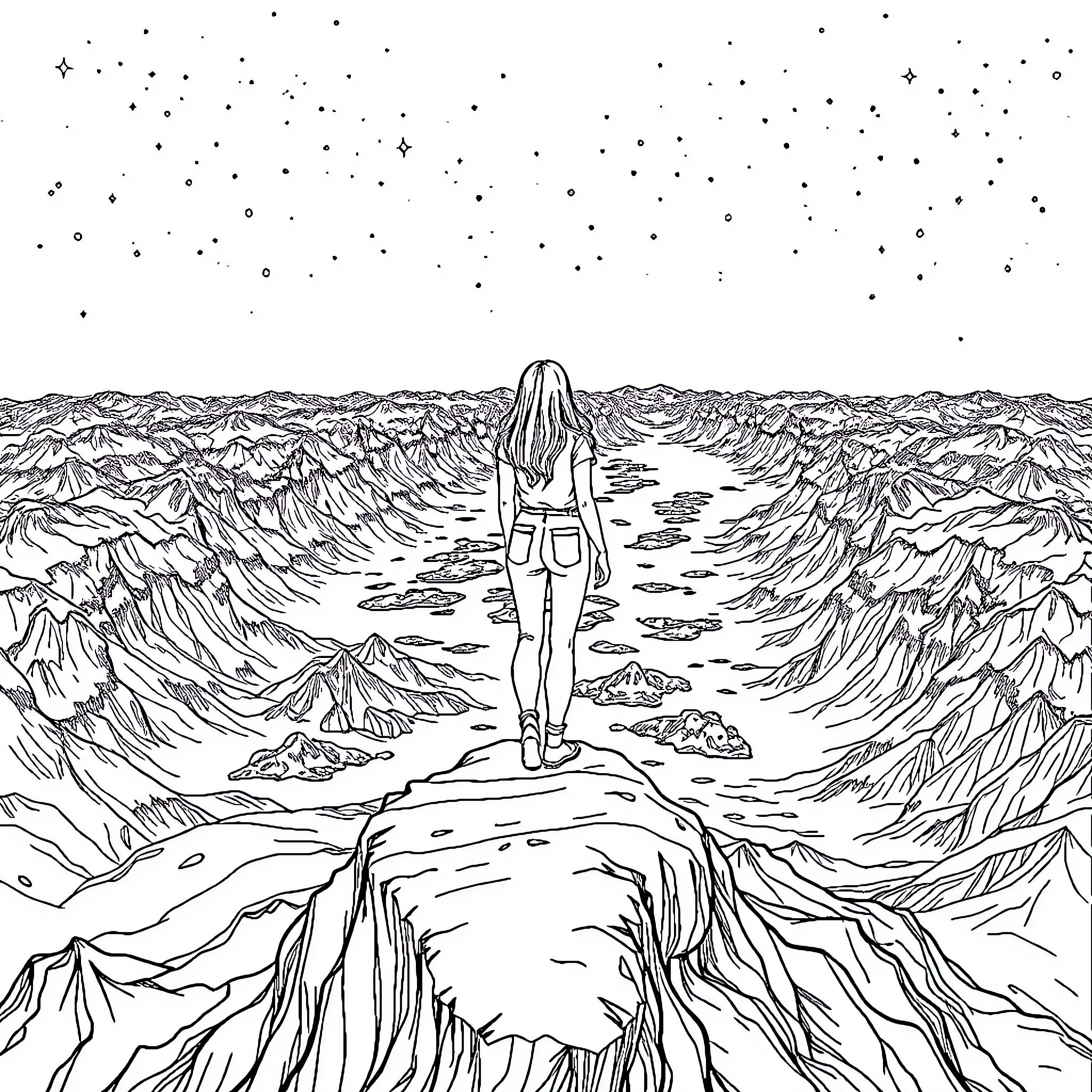 Woman gazing at the vast, rugged landscape Coloring Page (free black-and-white line drawing printable PDF for all, from beginners to advanced learners, including children, teens, adults, and seniors)