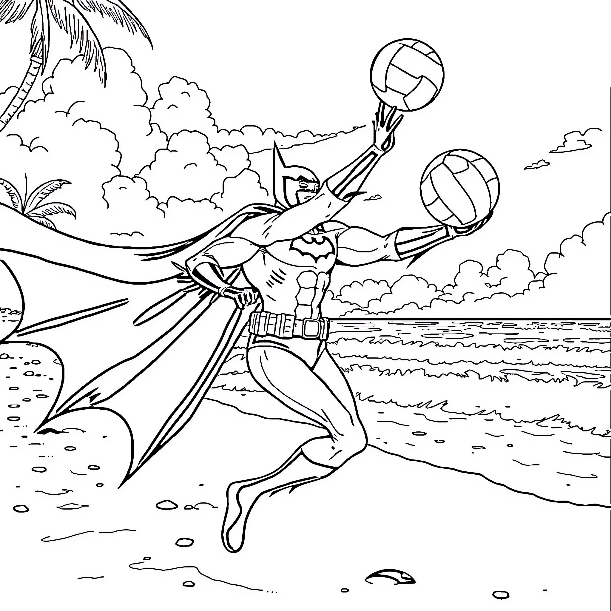 Batman Volleyball Showdown on Beach Coloring Page (free black-and-white line drawing printable PDF for all, from beginners to advanced learners, including children, teens, adults, and seniors)