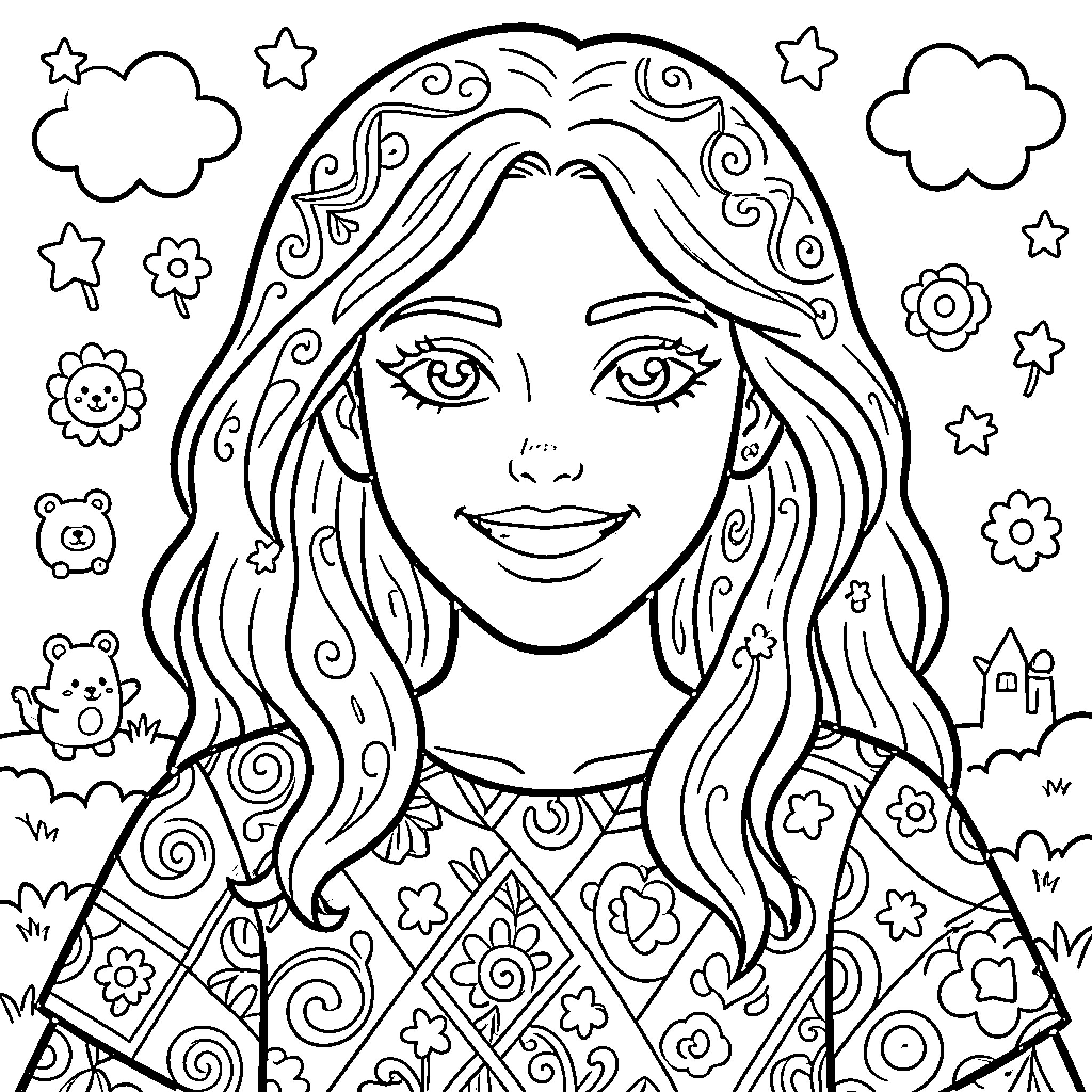 Self-Expression in a Whimsical Realm Coloring Page (free black-and-white line drawing printable PDF for all, from beginners to advanced learners, including children, teens, adults, and seniors)