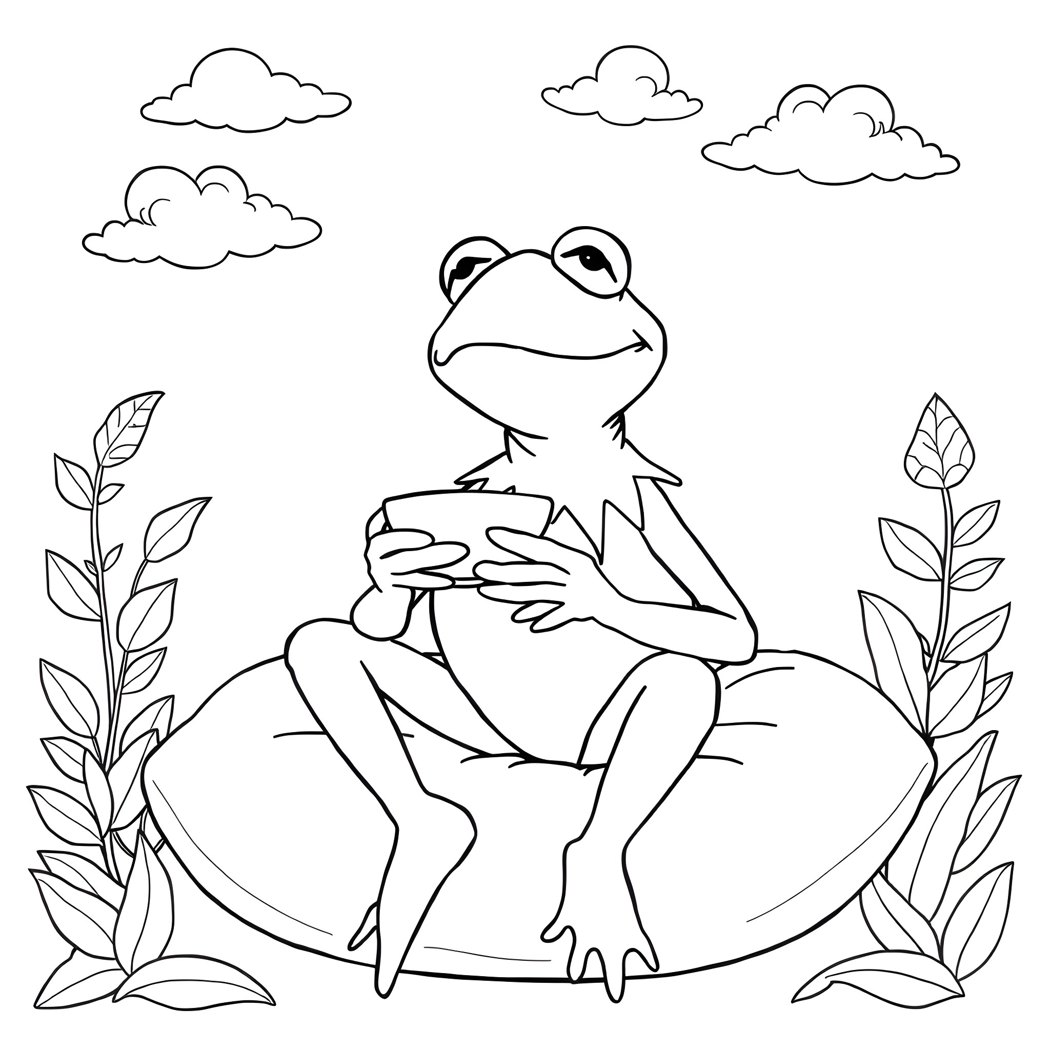 Kermit the Frog sitting happily on a rock Coloring Page (free black-and-white line drawing printable PDF for all, from beginners to advanced learners, including children, teens, adults, and seniors)