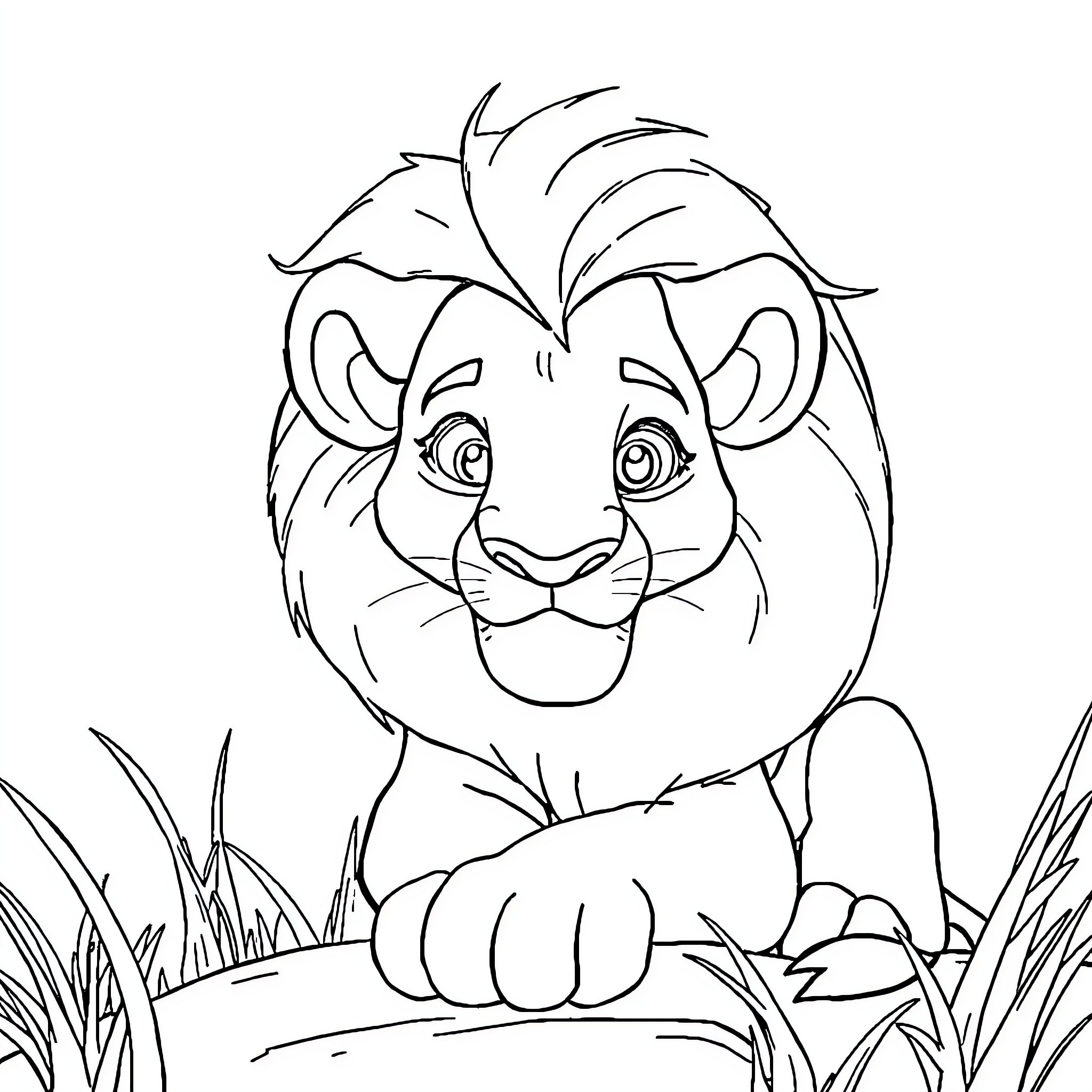 Lion cub exploring the grassy landscape Coloring Page (free black-and-white line drawing printable PDF for all, from beginners to advanced learners, including children, teens, adults, and seniors)