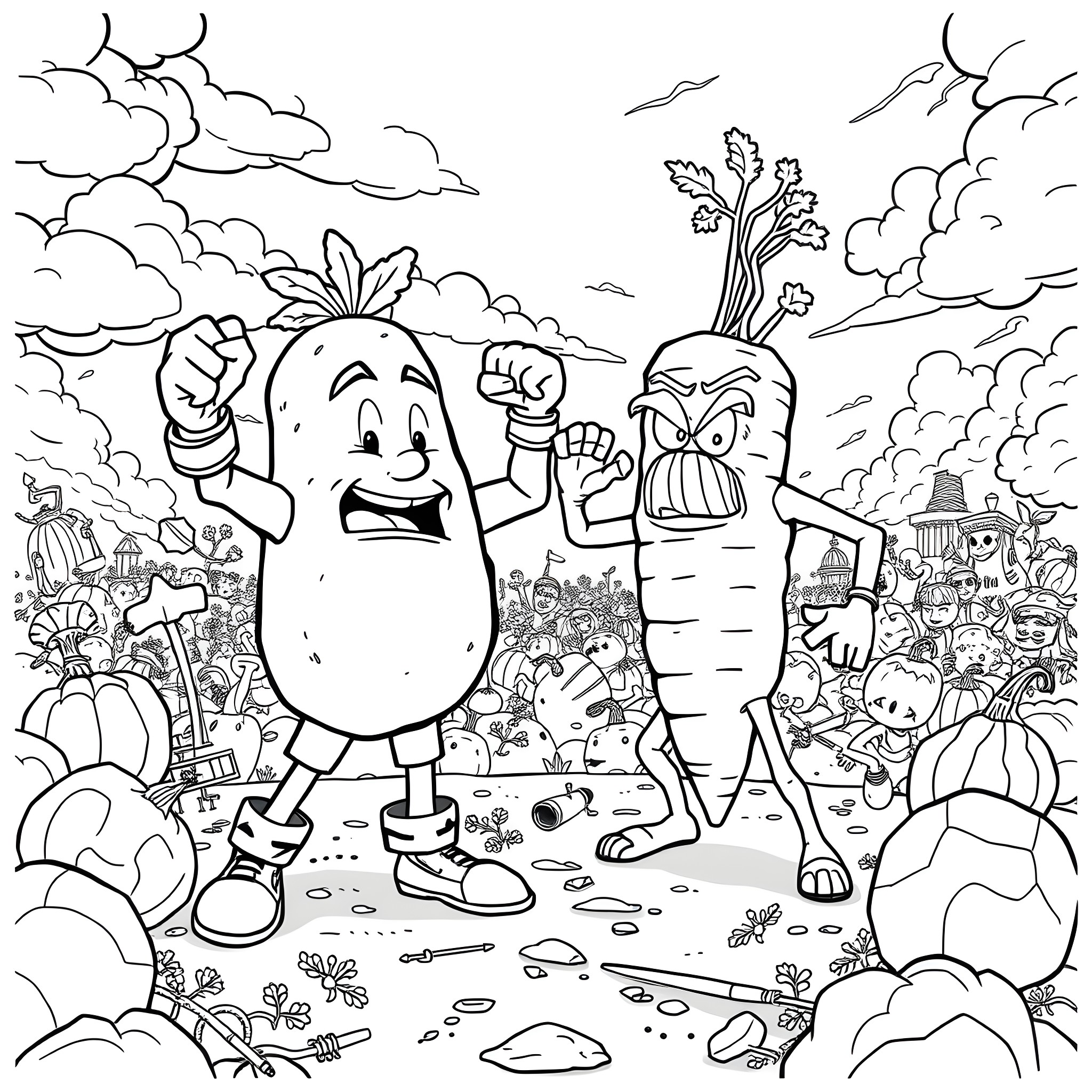 Potato characters in an animated setting Coloring Page (free black-and-white line drawing printable PDF for all, from beginners to advanced learners, including children, teens, adults, and seniors)