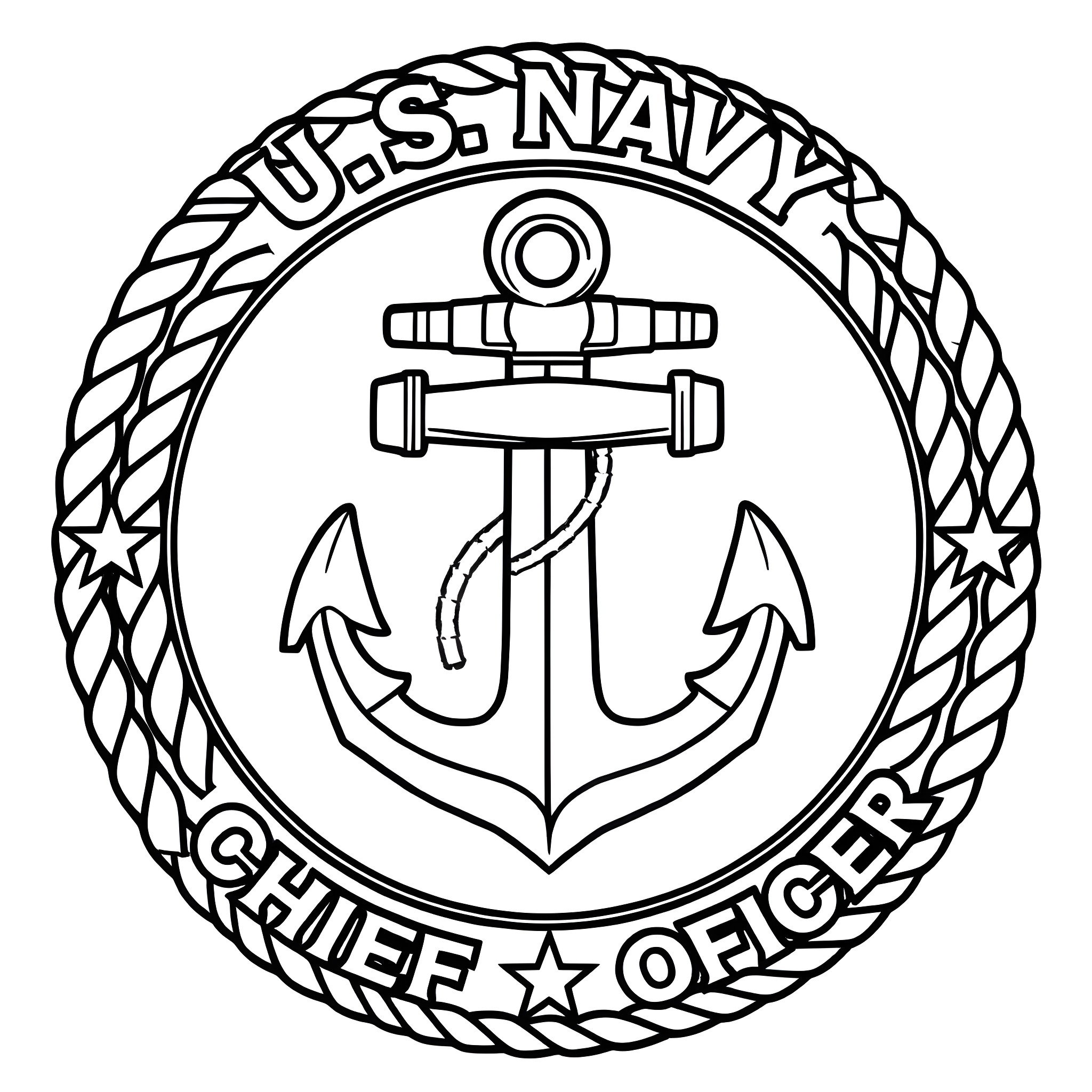 Anchor featuring U.S. Navy seal and officer insignia Coloring Page (free black-and-white line drawing printable PDF for all, from beginners to advanced learners, including children, teens, adults, and seniors)