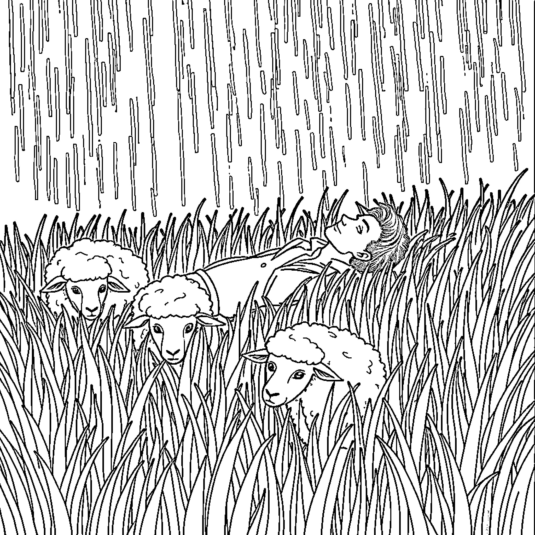 Man resting in a field with sheep Coloring Page (free black-and-white line drawing printable PDF for all, from beginners to advanced learners, including children, teens, adults, and seniors)