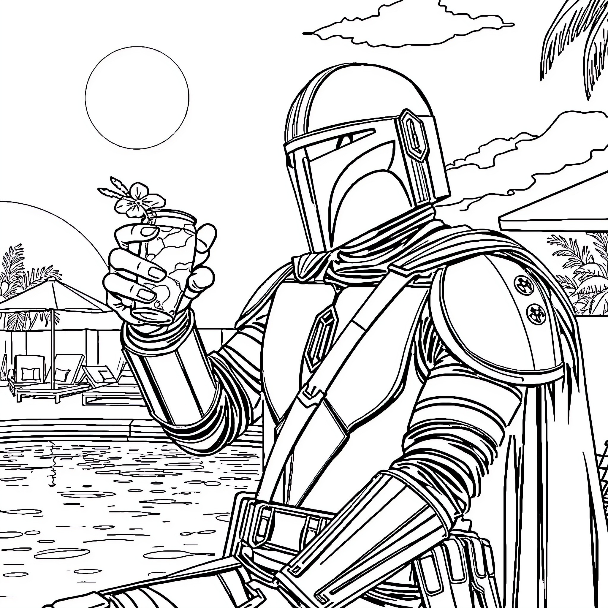 Mandalorian warrior in the wilderness Coloring Page (free black-and-white line drawing printable PDF for all, from beginners to advanced learners, including children, teens, adults, and seniors)
