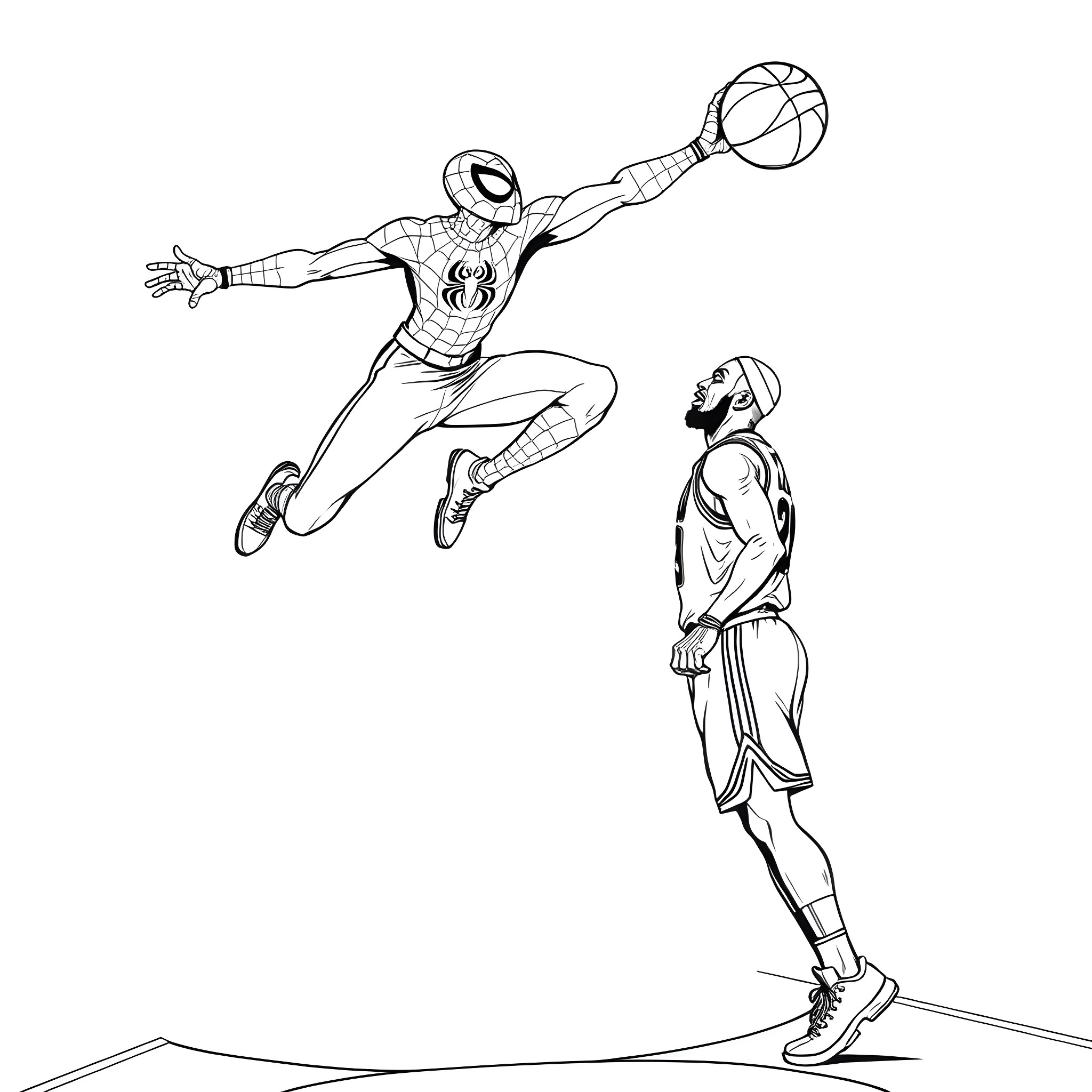 Spider-Man leaping into action against a rival basketball player Coloring Page (free black-and-white line drawing printable PDF for all, from beginners to advanced learners, including children, teens, adults, and seniors)