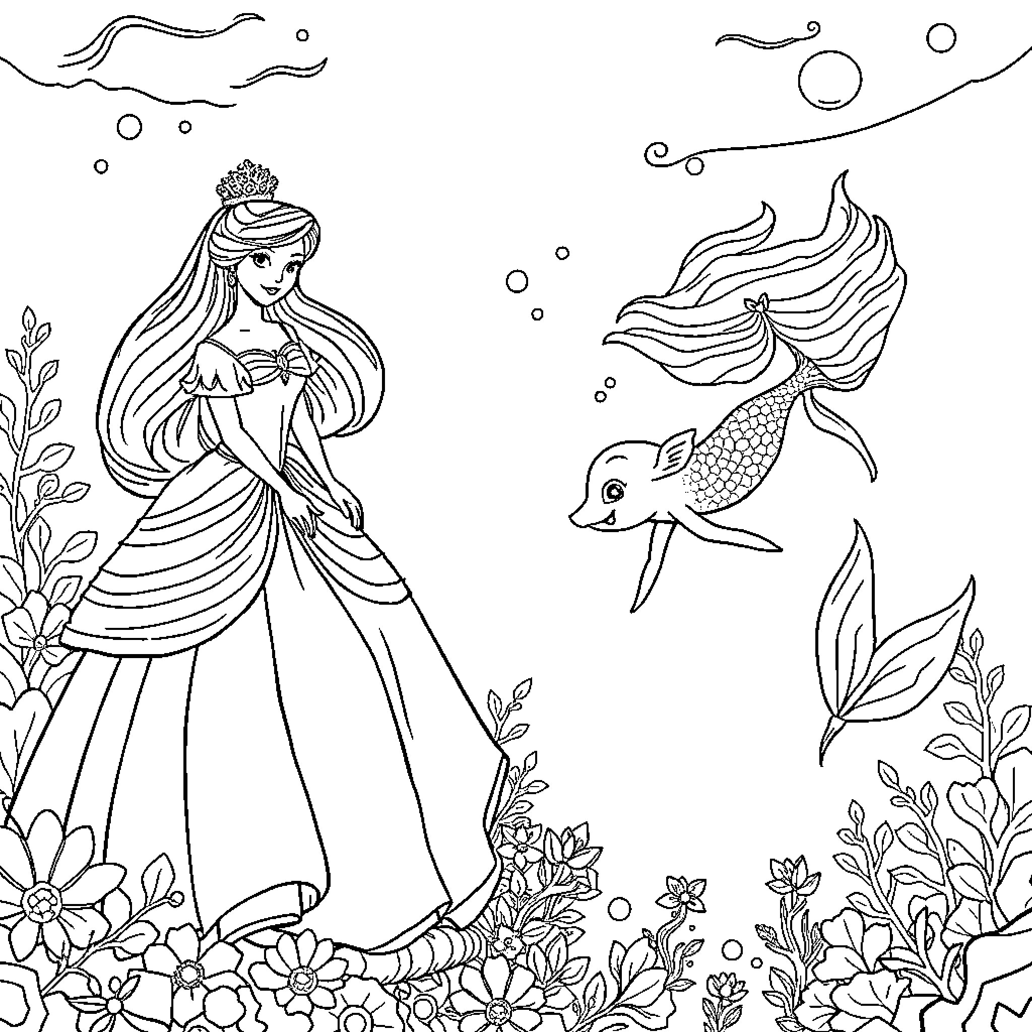 Princesses and Mermaids in an Enchanted Underwater Garden Coloring Page (free black-and-white line drawing printable PDF for all, from beginners to advanced learners, including children, teens, adults, and seniors)