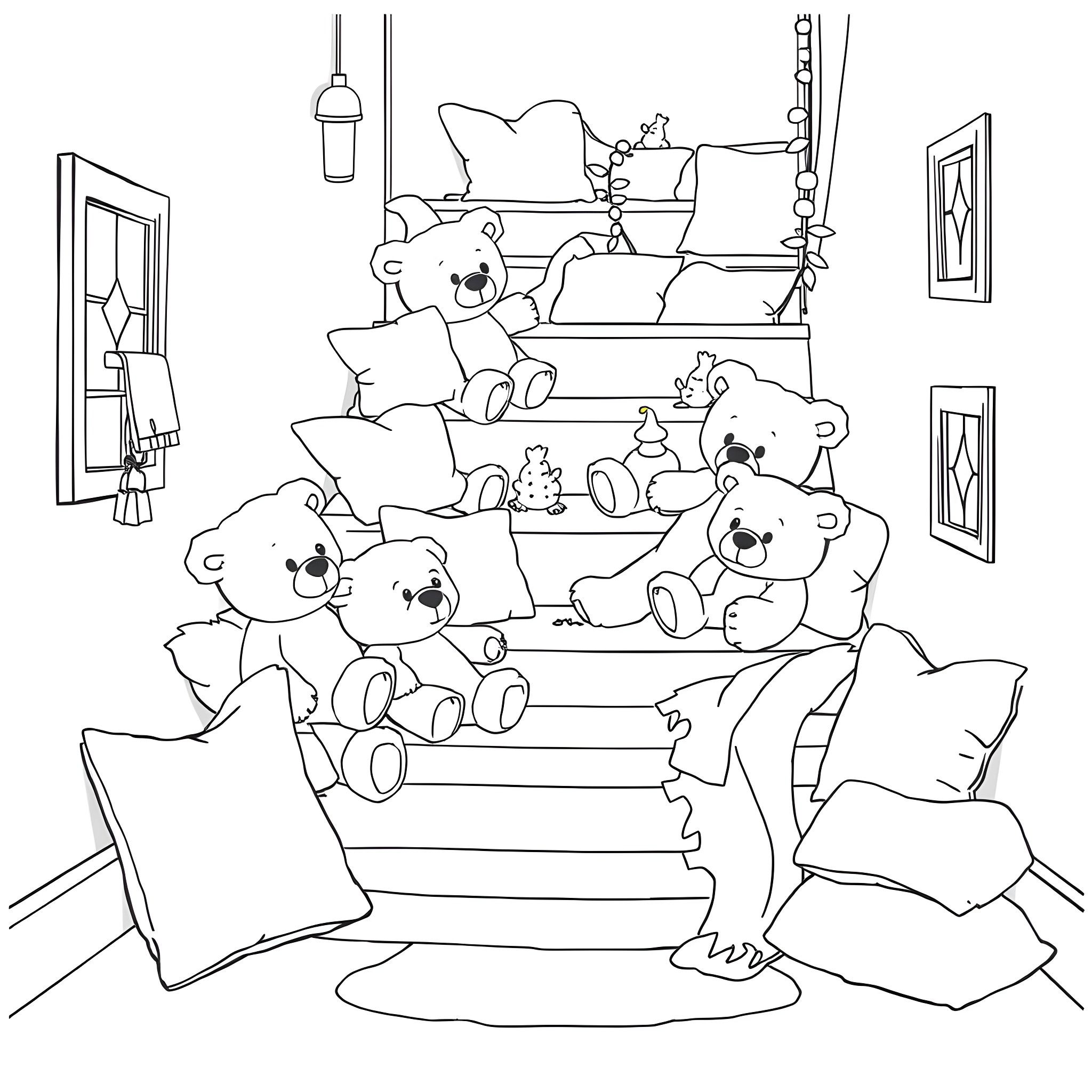 Teddy Bears Relaxing in Cozy Living Room Coloring Page (free black-and-white line drawing printable PDF for all, from beginners to advanced learners, including children, teens, adults, and seniors)