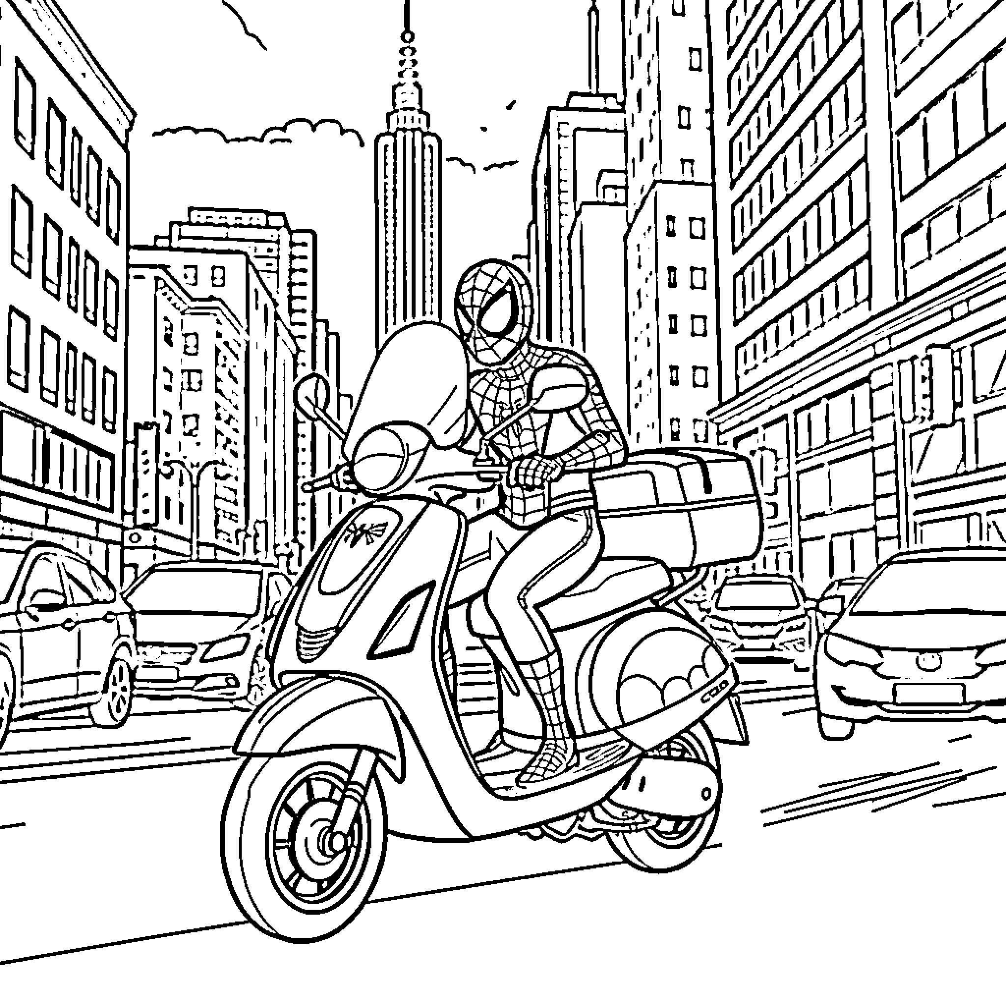 Spiderman riding a scooter in the city Coloring Page (free black-and-white line drawing printable PDF for all, from beginners to advanced learners, including children, teens, adults, and seniors)