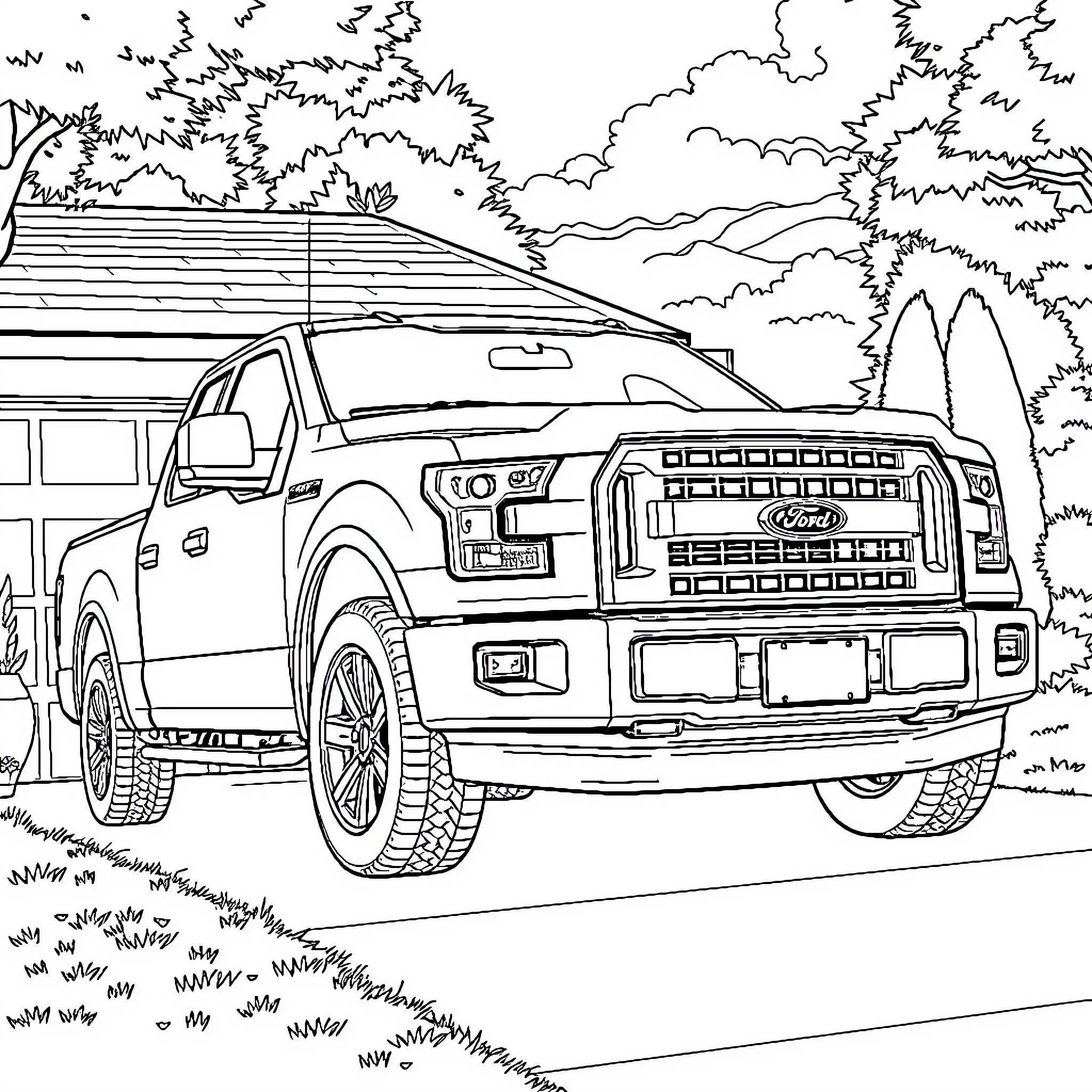 F150 Truck in Rugged Outdoor Scene Coloring Page (free black-and-white line drawing printable PDF for all, from beginners to advanced learners, including children, teens, adults, and seniors)