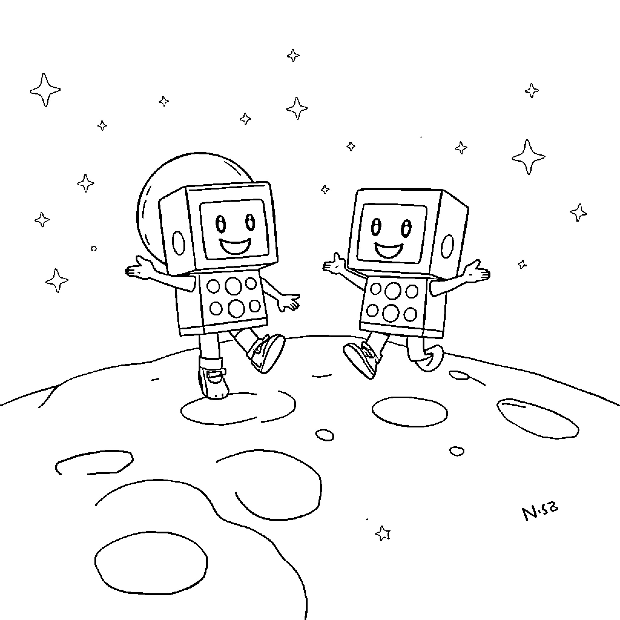 Numberblocks exploring a starry landscape Coloring Page (free black-and-white line drawing printable PDF for all, from beginners to advanced learners, including children, teens, adults, and seniors)