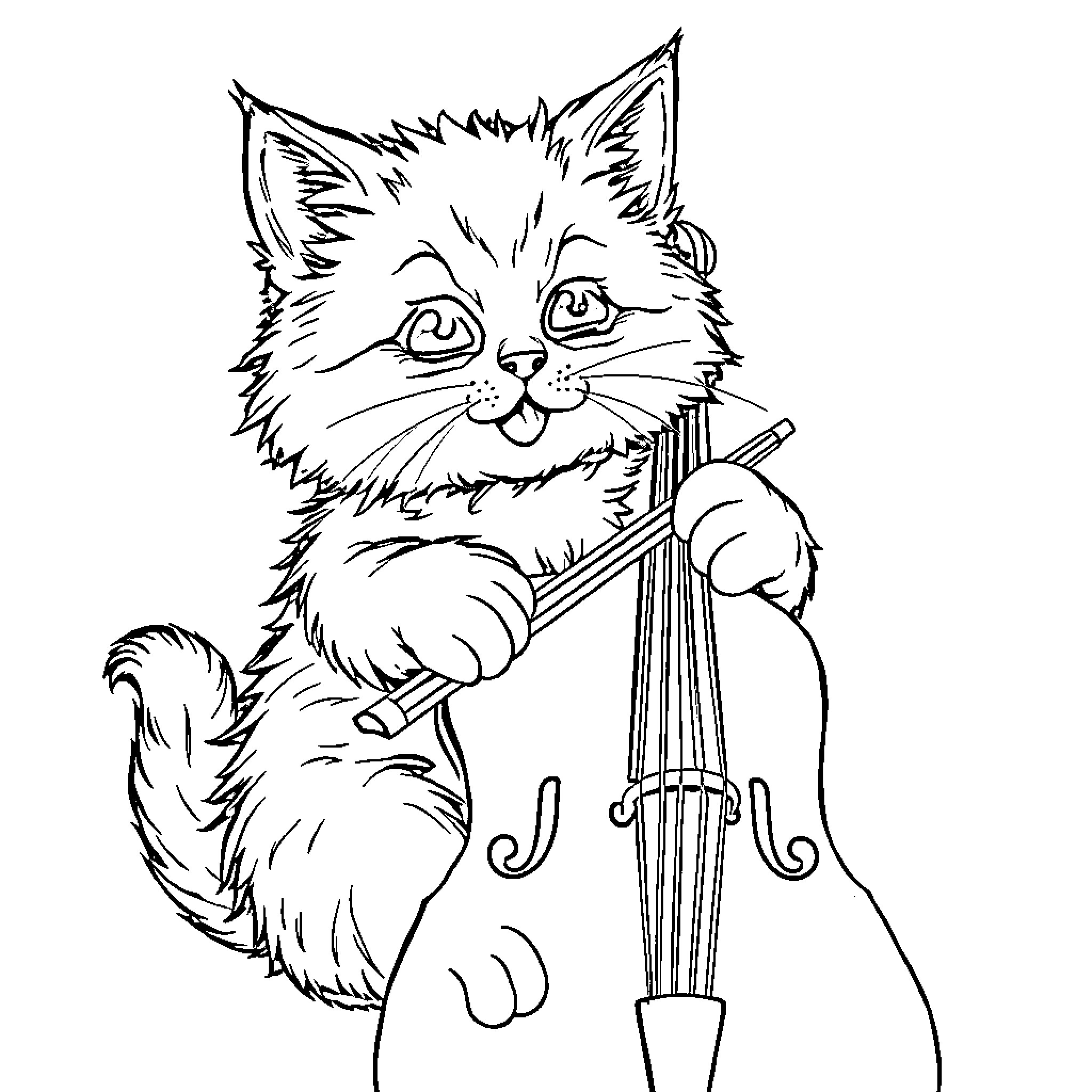 Cat playing with a musical instrument Coloring Page (free black-and-white line drawing printable PDF for all, from beginners to advanced learners, including children, teens, adults, and seniors)