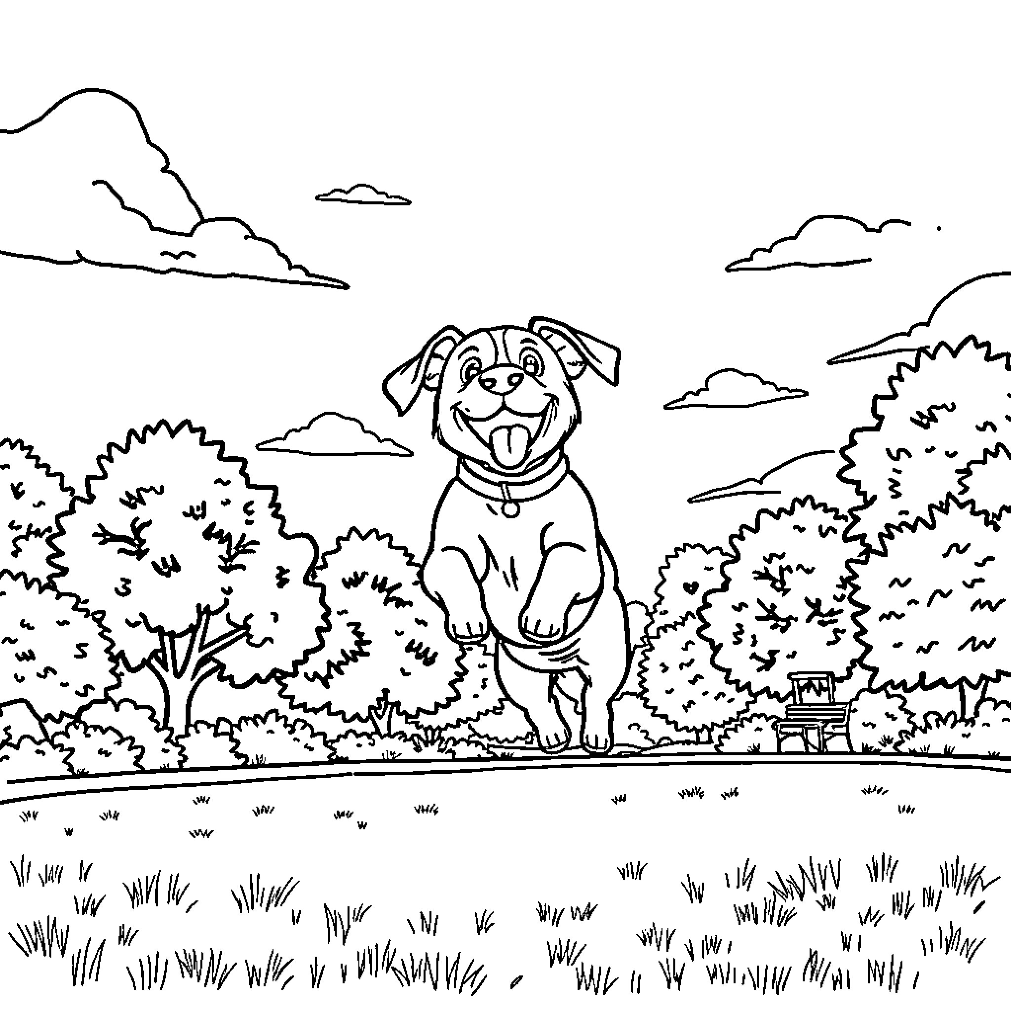 Dog enjoying a sunny day in the park Coloring Page (free black-and-white line drawing printable PDF for all, from beginners to advanced learners, including children, teens, adults, and seniors)