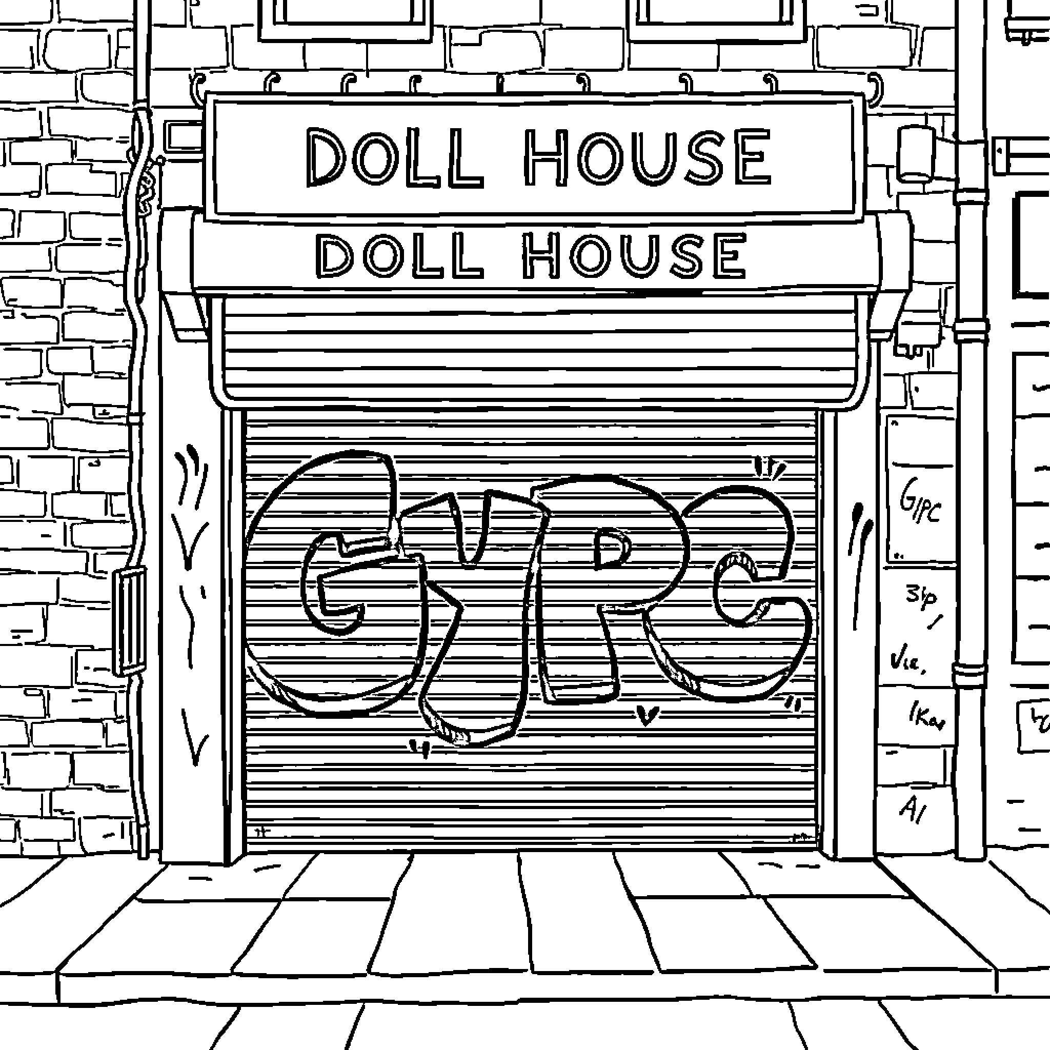Bodega Doll House Graffiti Coloring Page (free black-and-white line drawing printable PDF for all, from beginners to advanced learners, including children, teens, adults, and seniors)
