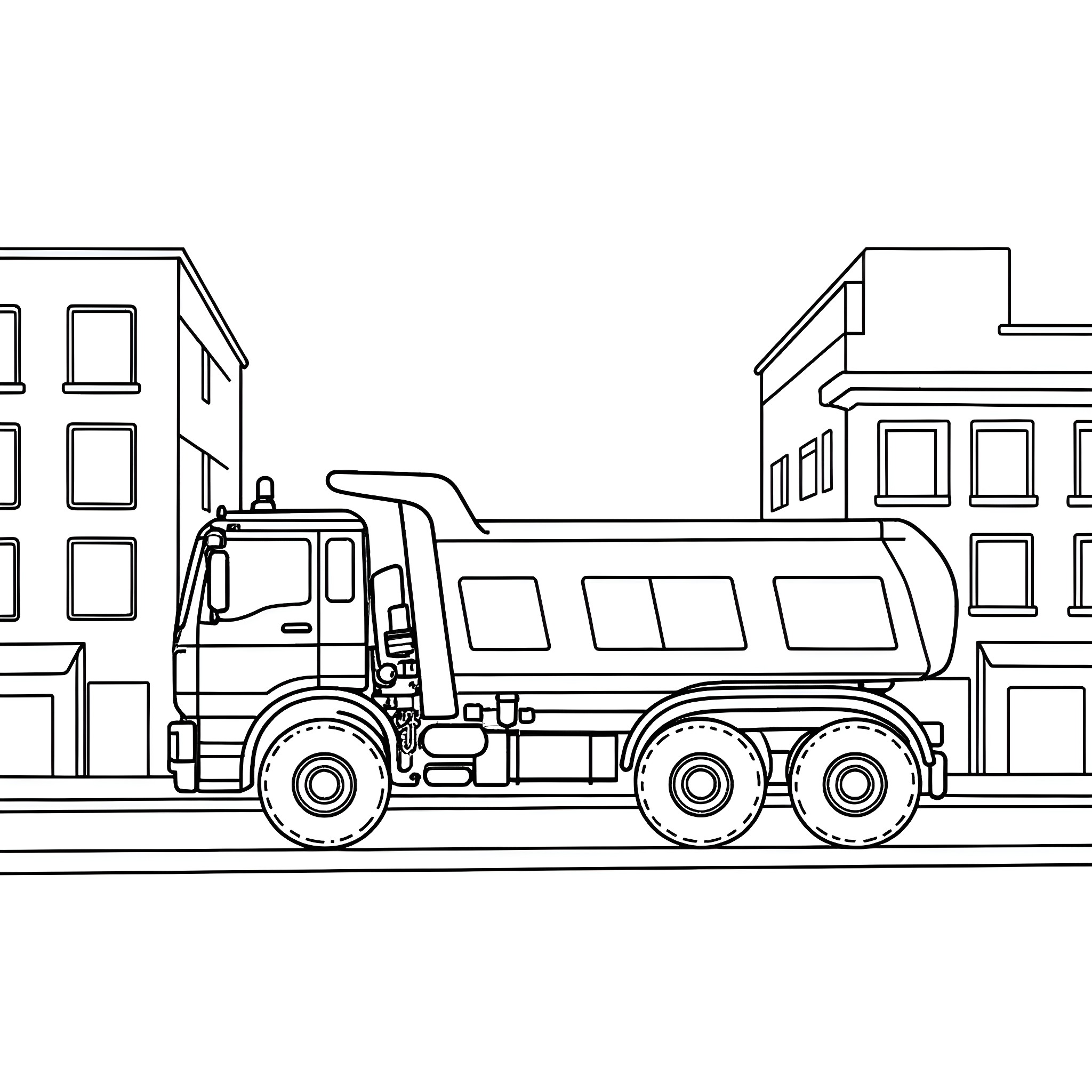 Dump Truck Hauling Construction Materials in the City Coloring Page (free black-and-white line drawing printable PDF for all, from beginners to advanced learners, including children, teens, adults, and seniors)