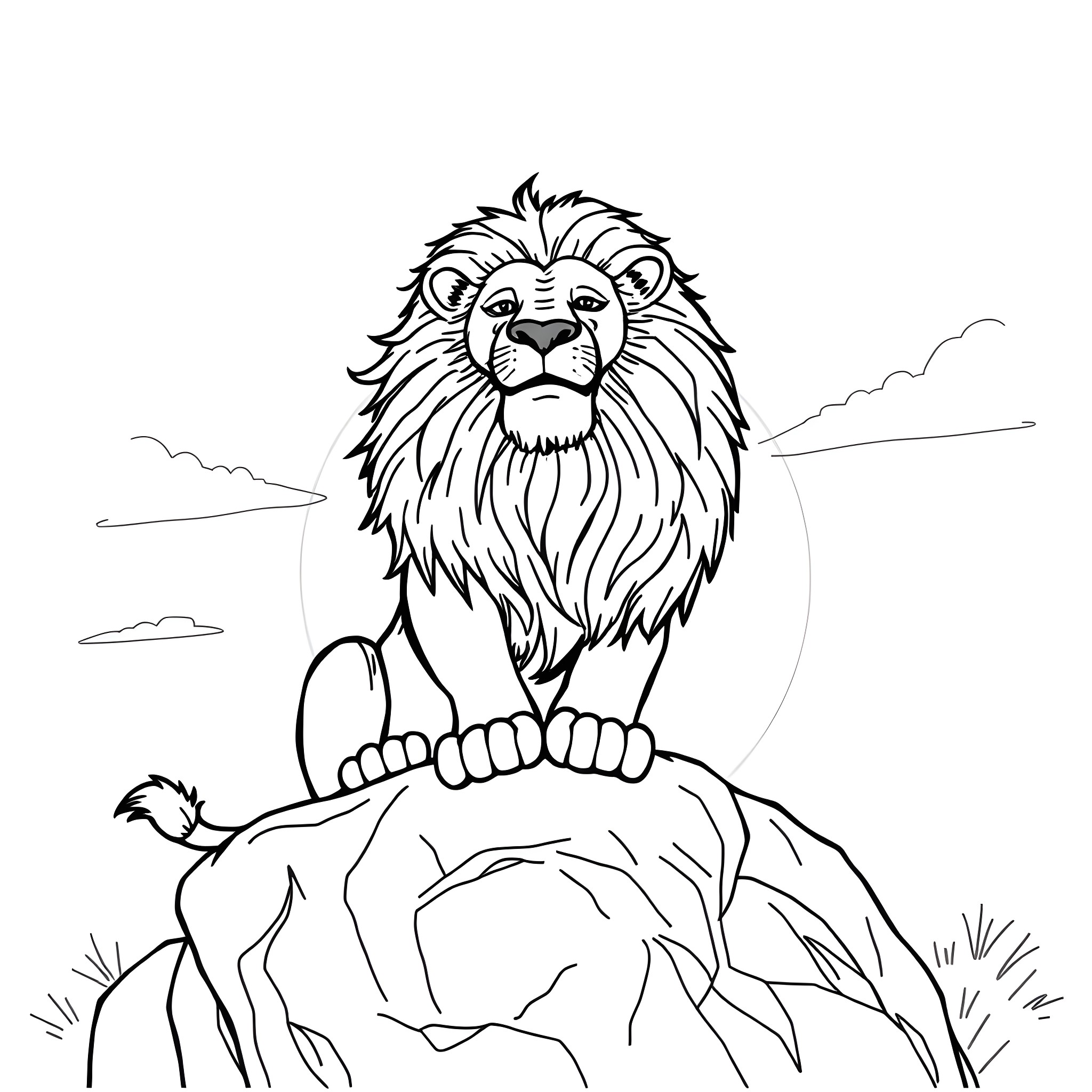 Lion sitting majestically on a rocky outcrop Coloring Page (free black-and-white line drawing printable PDF for all, from beginners to advanced learners, including children, teens, adults, and seniors)