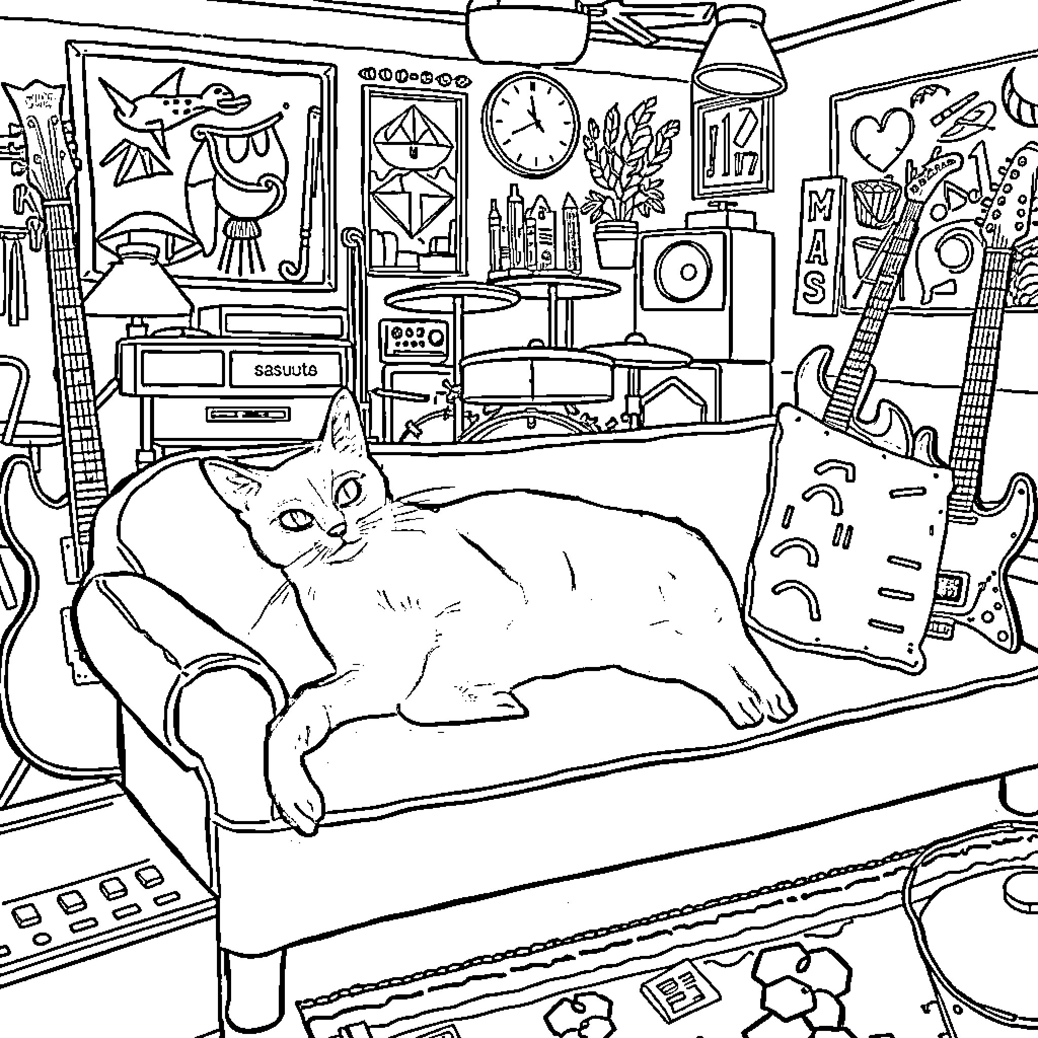 Cat relaxing in cluttered room with furniture and decor Coloring Page (free black-and-white line drawing printable PDF for all, from beginners to advanced learners, including children, teens, adults, and seniors)