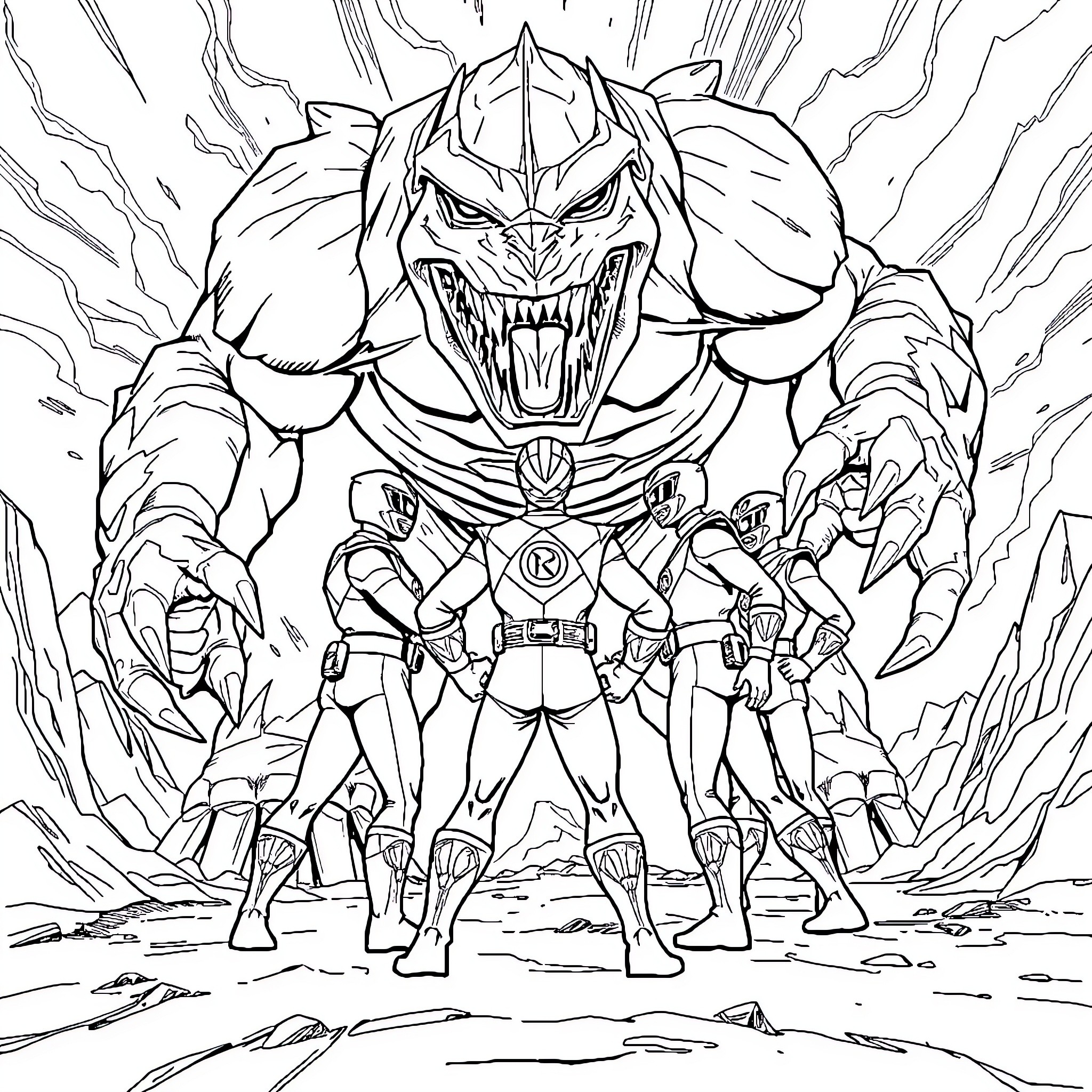 Power Rangers Facing Powerful Villain in Intense Battle Coloring Page (free black-and-white line drawing printable PDF for all, from beginners to advanced learners, including children, teens, adults, and seniors)