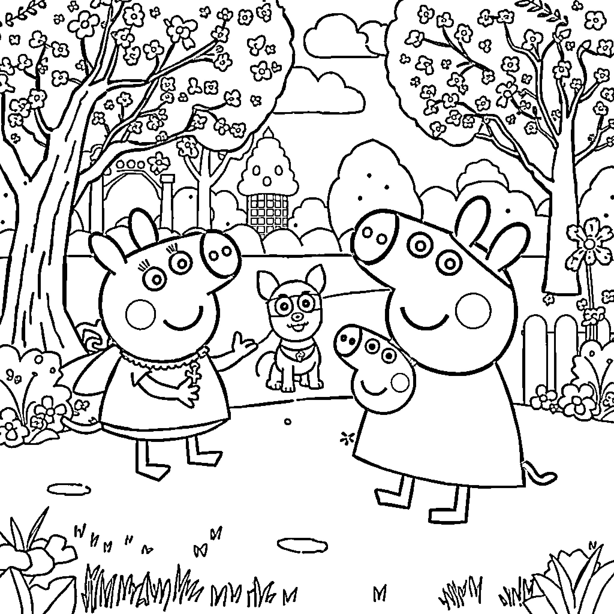 Peppa Pig and friends enjoying a playful day in the park Coloring Page (free black-and-white line drawing printable PDF for all, from beginners to advanced learners, including children, teens, adults, and seniors)