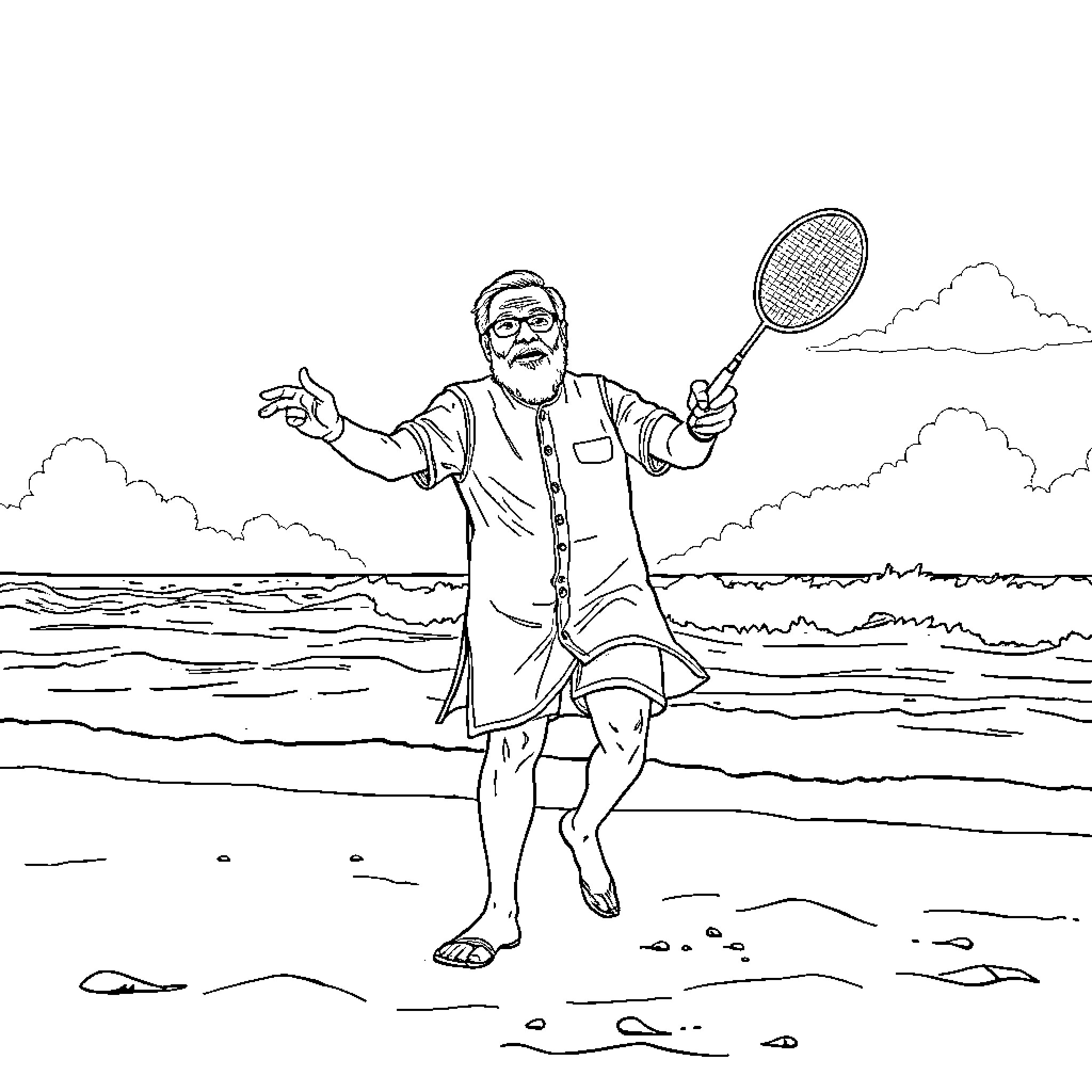 Modi enjoying himself playing tennis on the beach Coloring Page (free black-and-white line drawing printable PDF for all, from beginners to advanced learners, including children, teens, adults, and seniors)