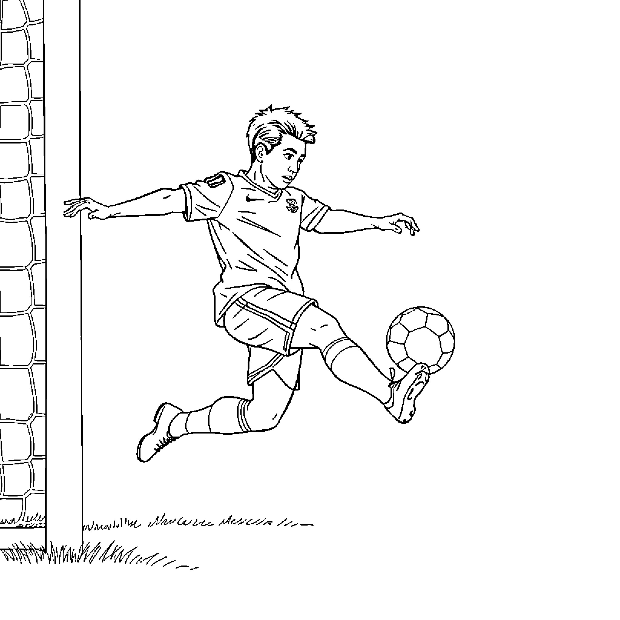 Soccer Player Kicking Ball Near Goal Coloring Page (free black-and-white line drawing printable PDF for all, from beginners to advanced learners, including children, teens, adults, and seniors)