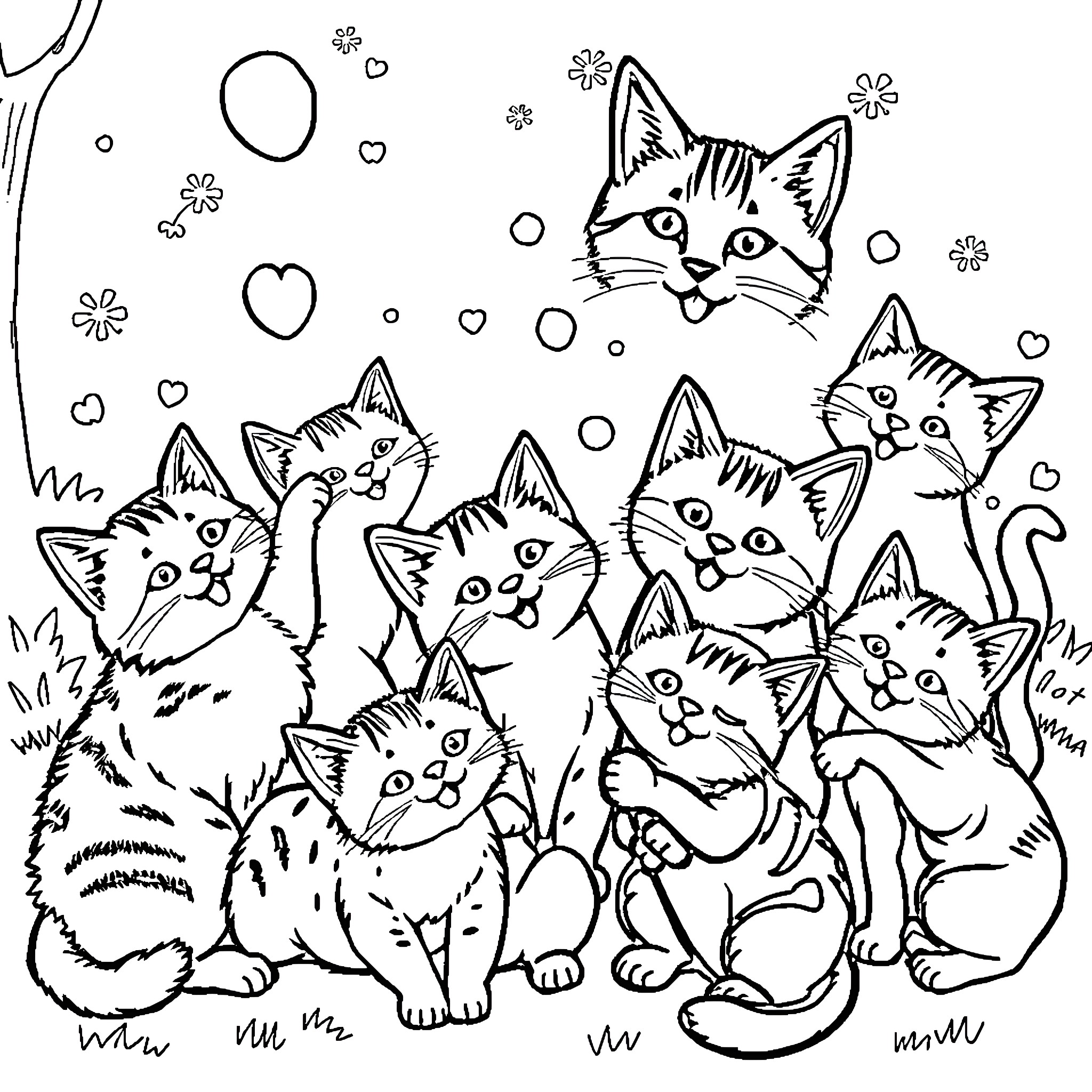 Bluey and Playful Kittens Exploring Coloring Page (free black-and-white line drawing printable PDF for all, from beginners to advanced learners, including children, teens, adults, and seniors)