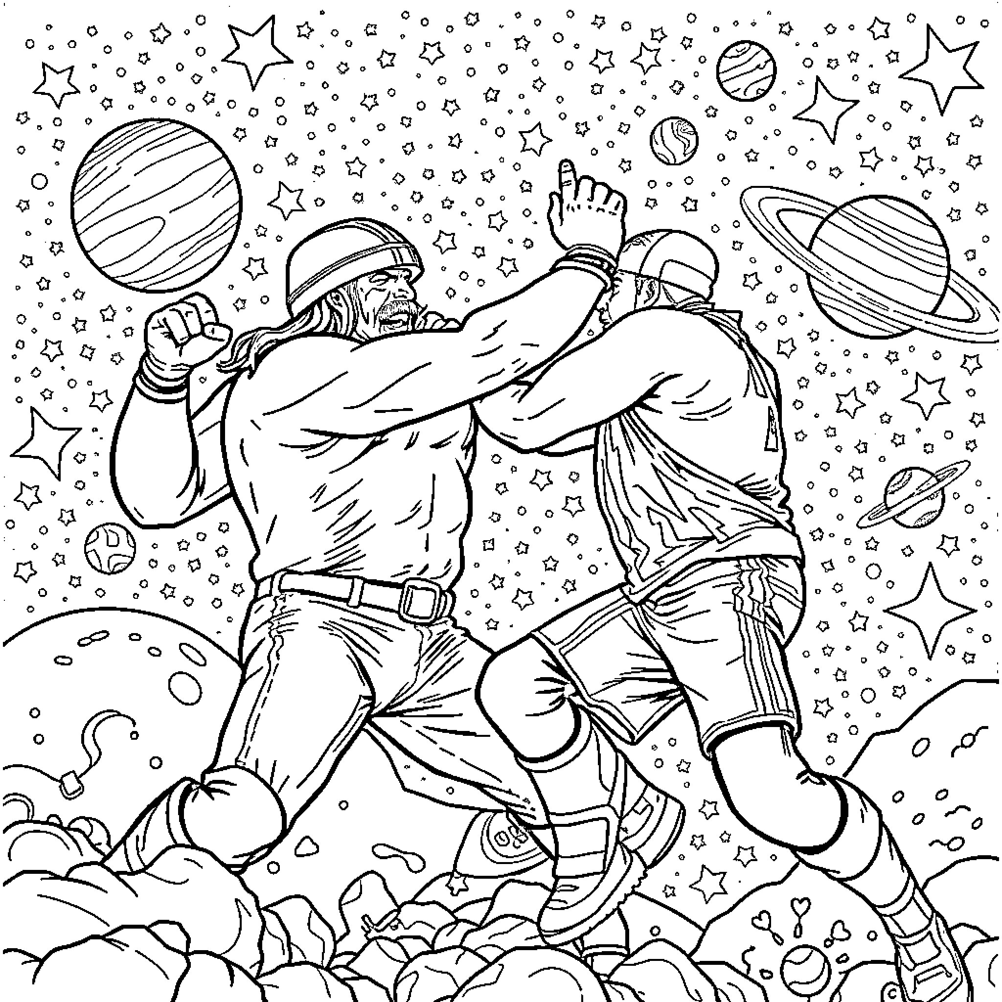 Hulk Hogan battling an intergalactic foe in a cosmic setting Coloring Page (free black-and-white line drawing printable PDF for all, from beginners to advanced learners, including children, teens, adults, and seniors)