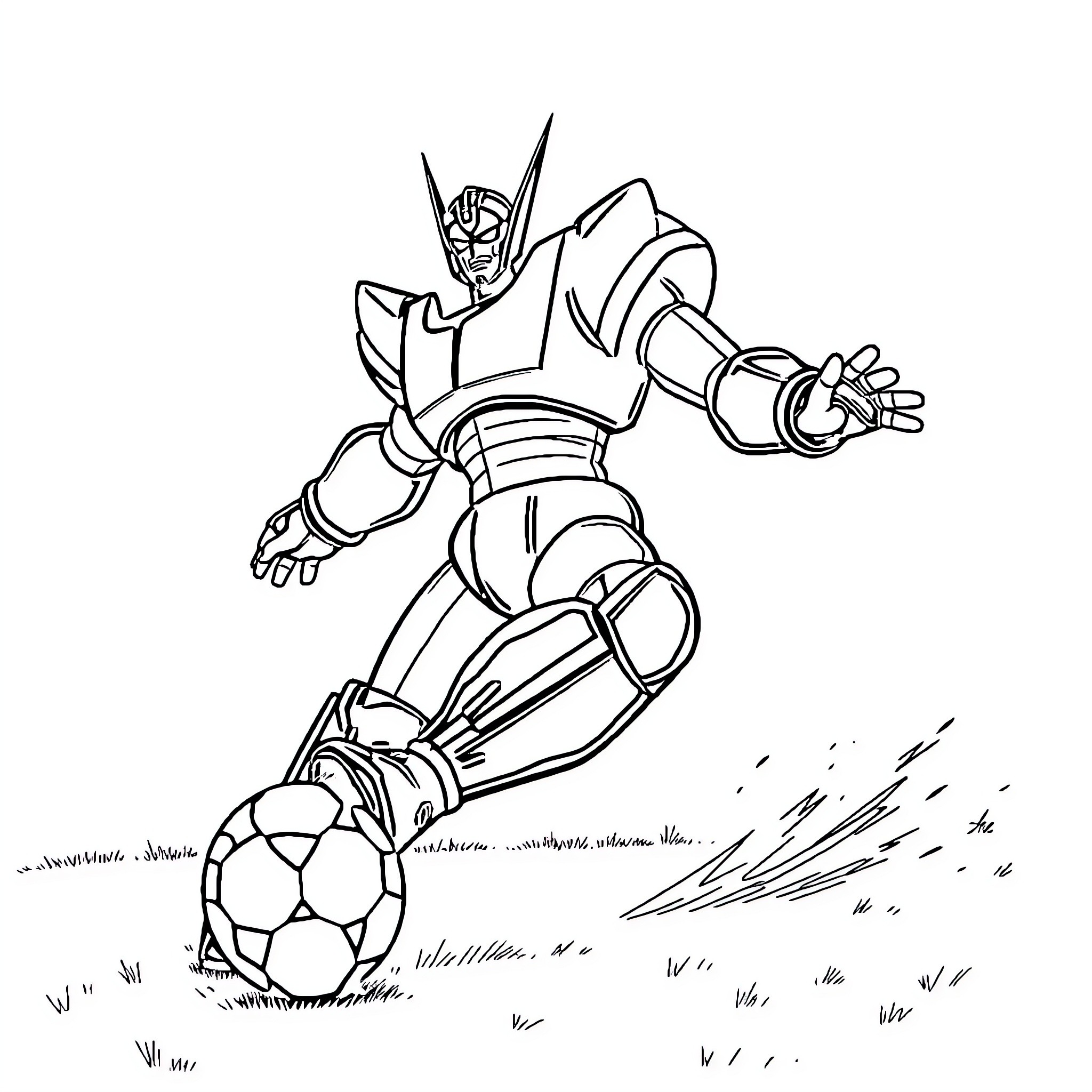 Mazinger Z Heroically Kicking a Soccer Ball Coloring Page (free black-and-white line drawing printable PDF for all, from beginners to advanced learners, including children, teens, adults, and seniors)