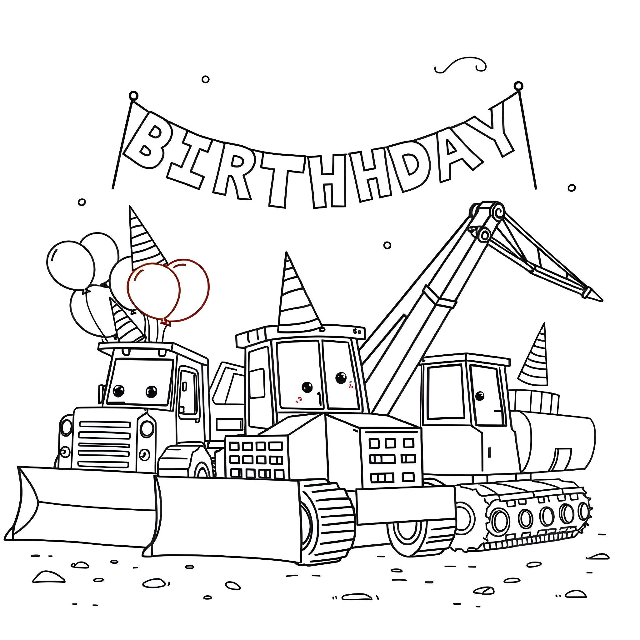 Construction Vehicle Birthday Party Scene Coloring Page (free black-and-white line drawing printable PDF for all, from beginners to advanced learners, including children, teens, adults, and seniors)