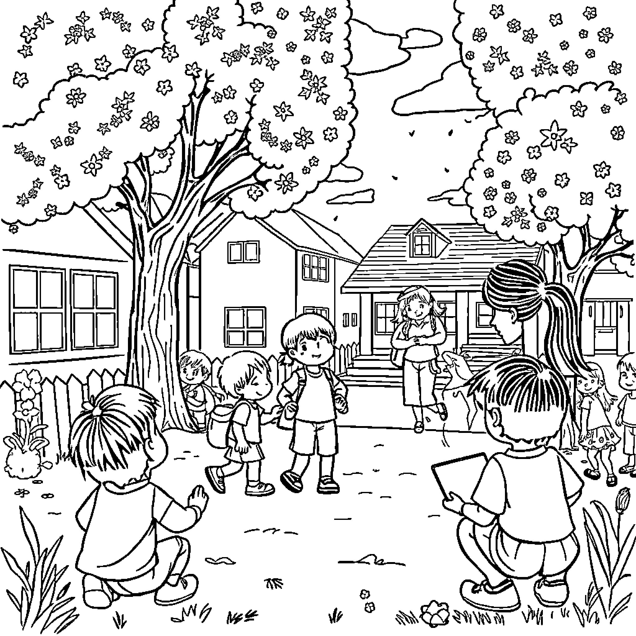 School Recess: Children Enjoying Outdoor Activities Coloring Page (free black-and-white line drawing printable PDF for all, from beginners to advanced learners, including children, teens, adults, and seniors)